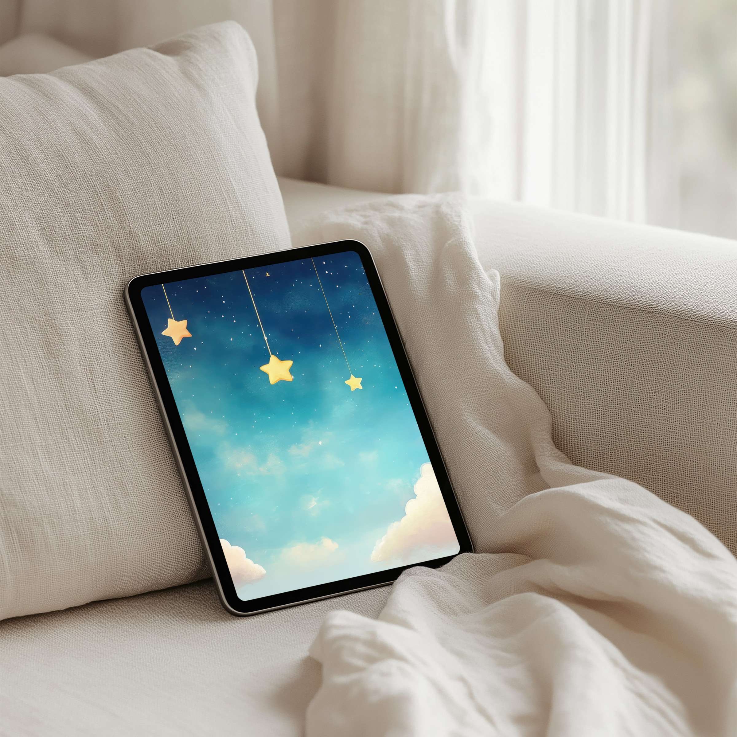 Serene sky iPad background featuring dreamy stars and clouds for a calming tablet experience instant download for elegance