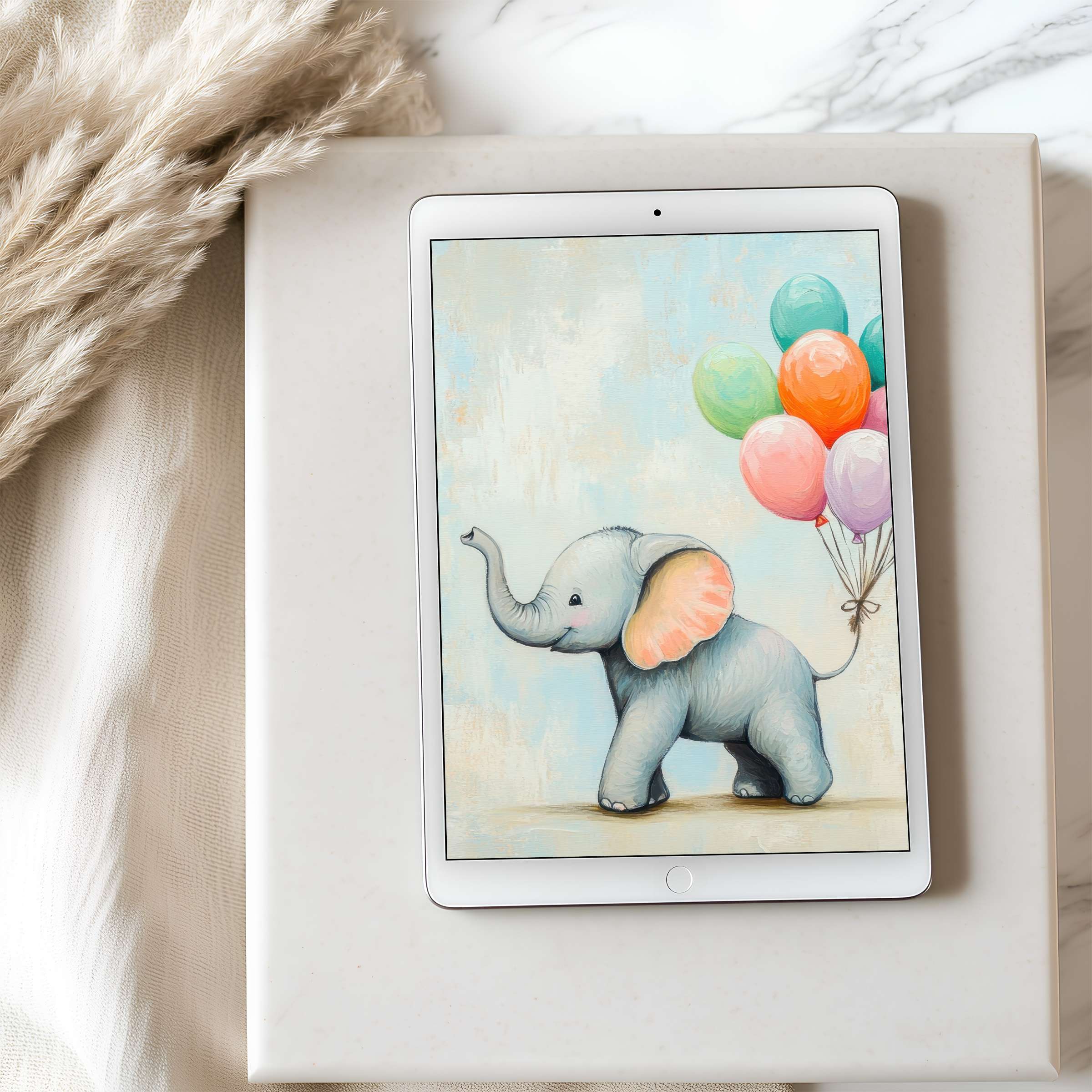 Adorable elephant with pastel balloons on tablet wallpaper brings serenity and charm to any iPad in high resolution download