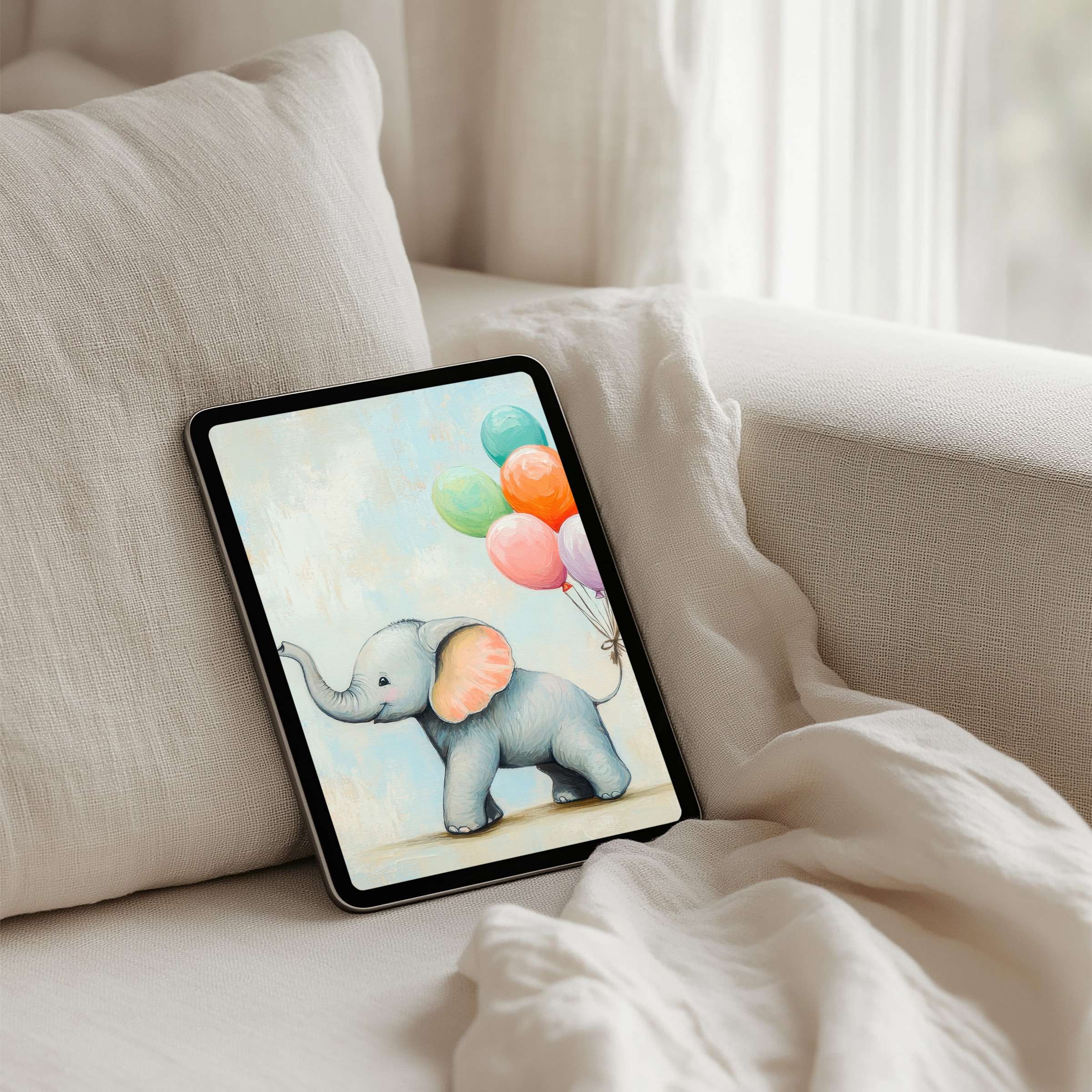 Charming elephant digital art on iPad background evokes calm and elegance Instant download fits all tablet brands including Samsung Android