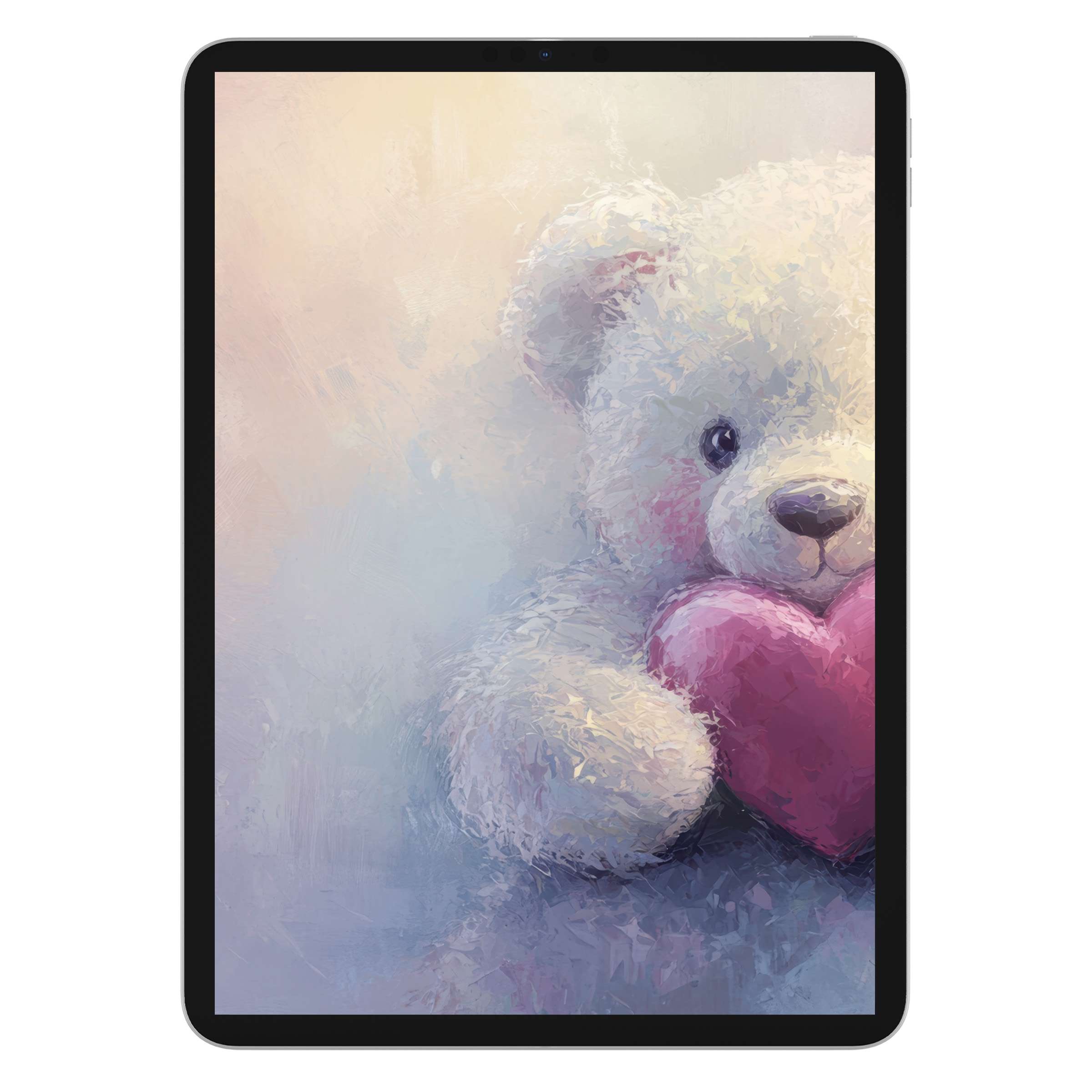 Soft pastel painting of a fluffy teddy bear with a pink heart adds warmth to your nursery iPad wallpaper and tablet background digital download