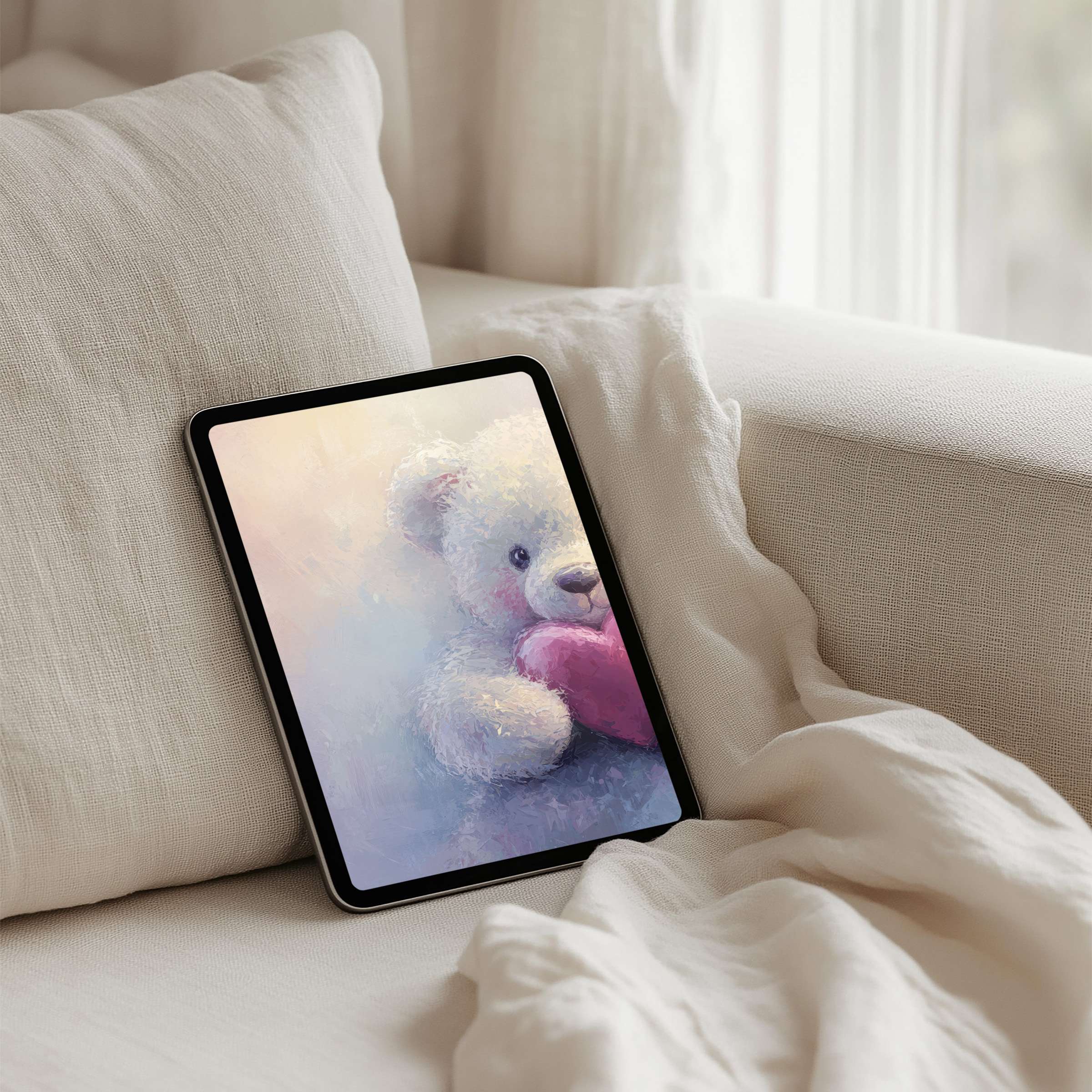 Elegant teddy bear painting in soft pastels enhances your iPad background for a calming tablet experience instant download available