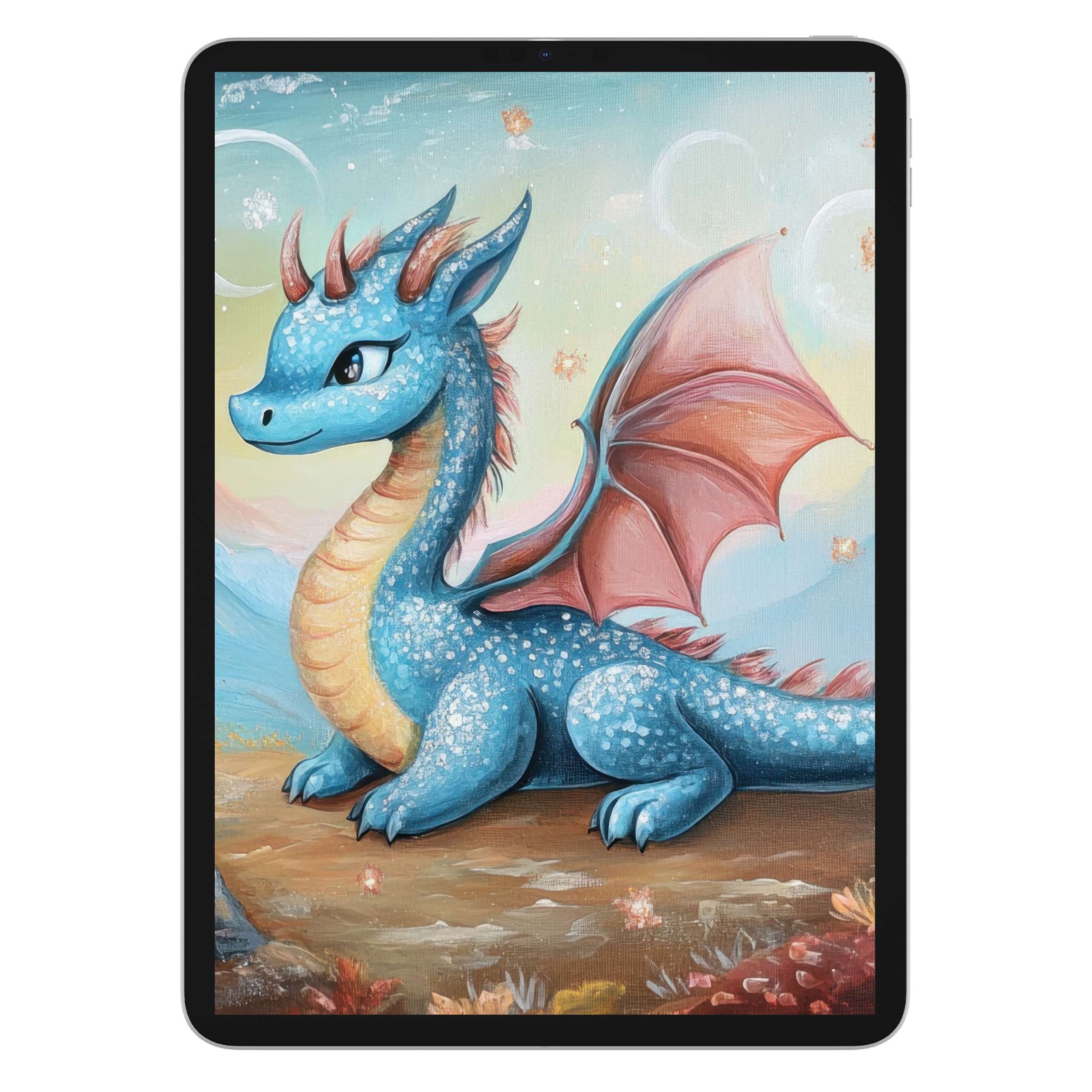 Charming blue dragon nursery iPad wallpaper, a digital download offering a calm, whimsical background for tablets, inspiring creativity