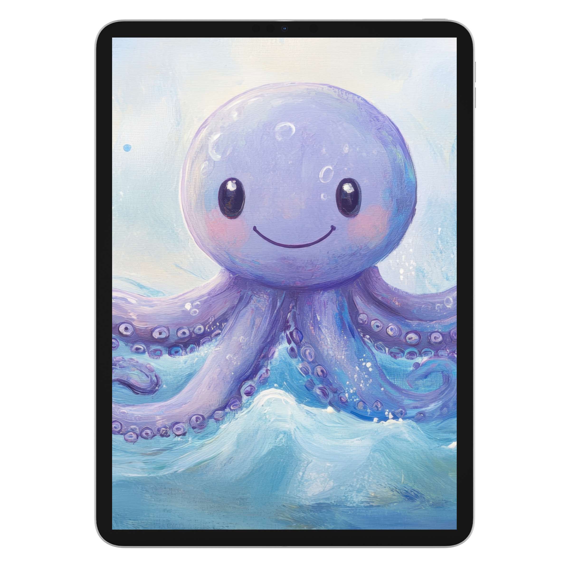 Charming purple octopus iPad wallpaper digital download with watercolor textures for nursery tablet backgrounds, soothing and eco-friendly
