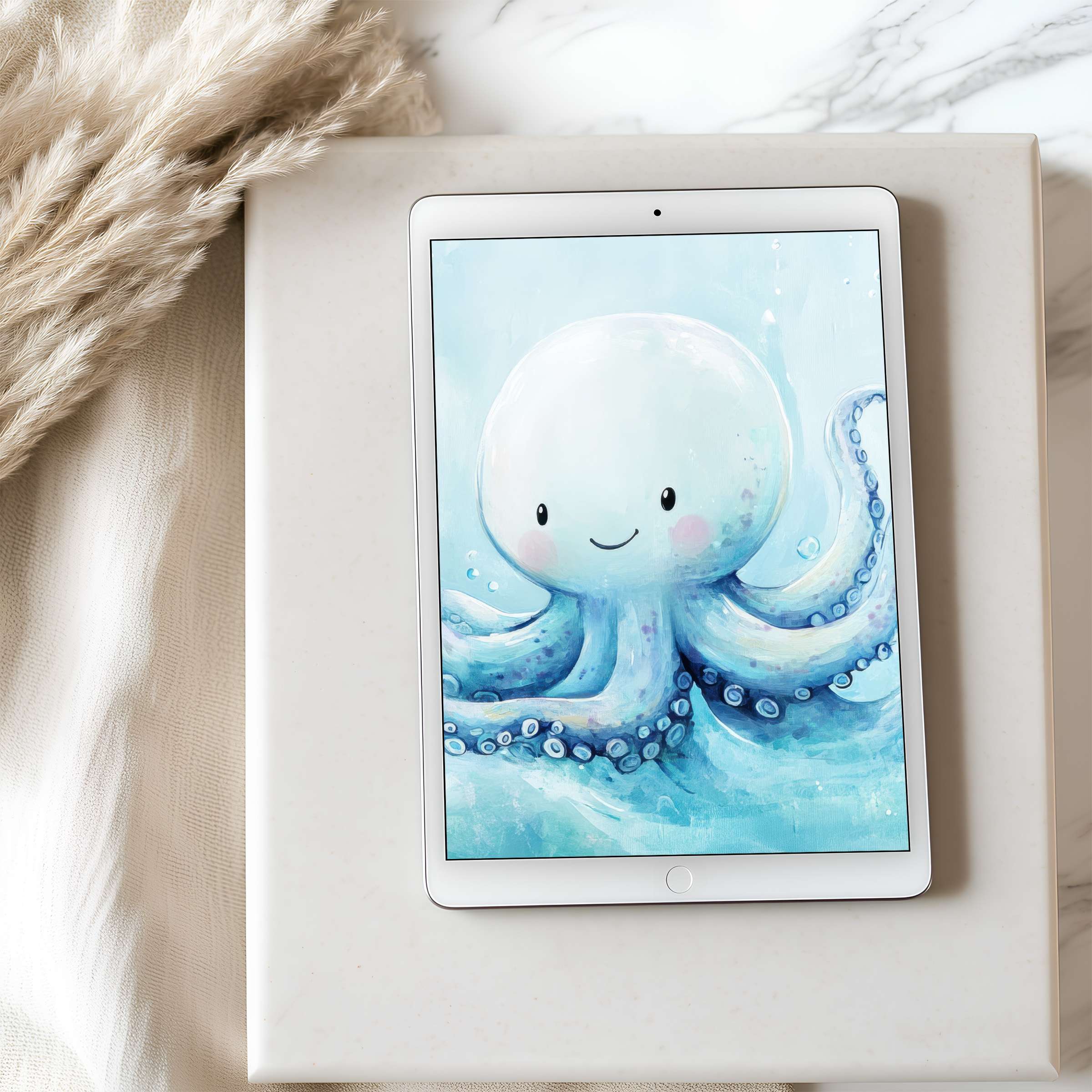 Serene blue octopus tablet wallpaper, ideal for iPad in high resolution, brings joy and tranquility to any curated digital space