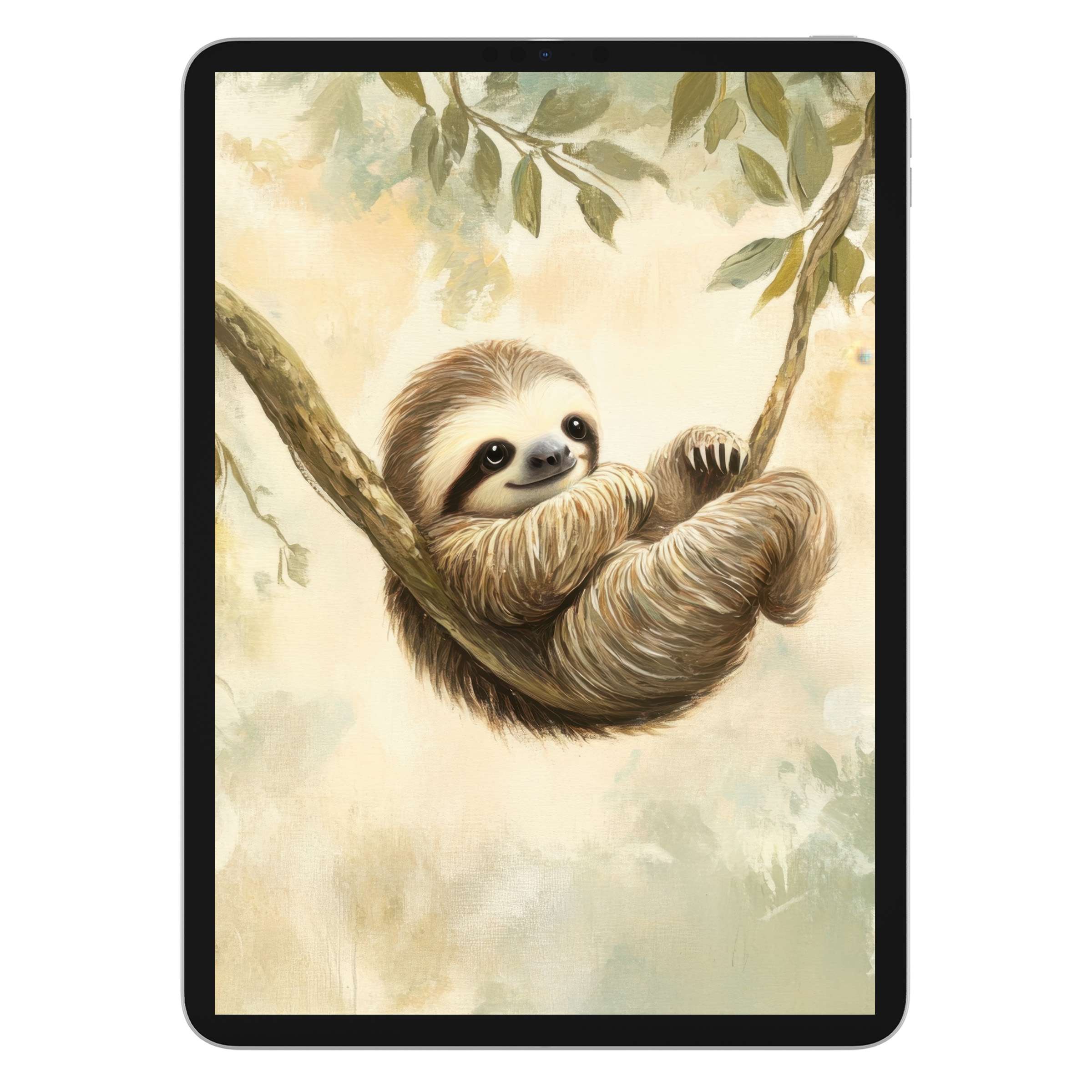 Charming sloth nursery iPad wallpaper with watercolor hues offers a serene digital download background for any tablet user