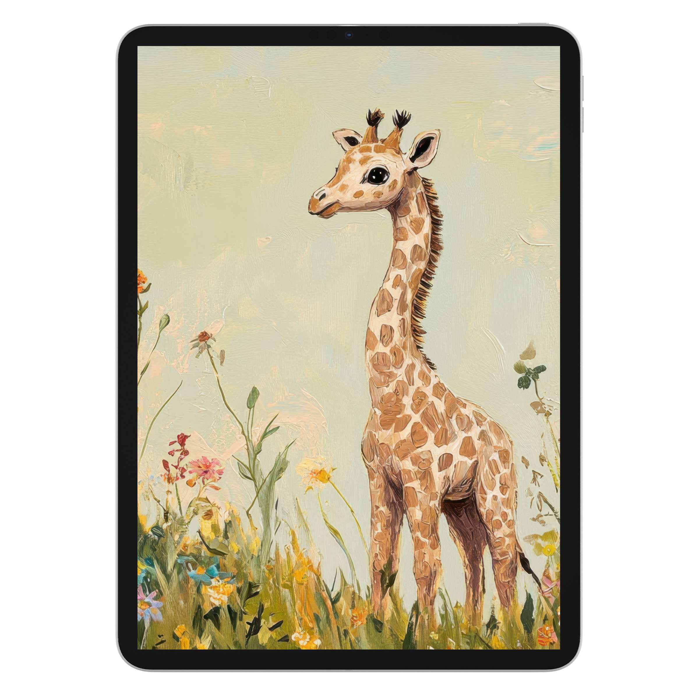 Charming nursery iPad wallpaper featuring a whimsical giraffe amidst floral meadows, perfect digital download background for any tablet