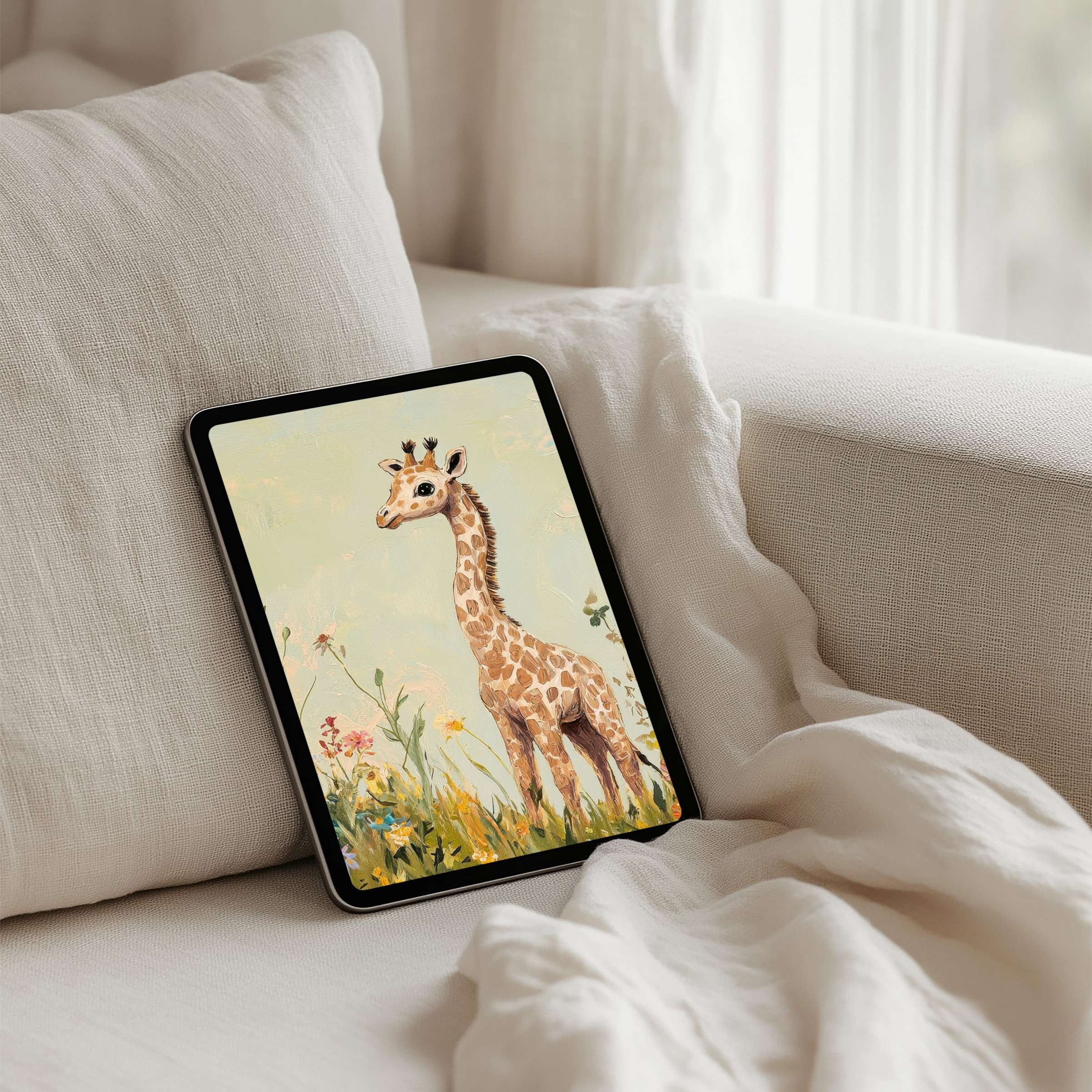 Charming giraffe digital art graces your iPad background, offering instant download to inspire mindfulness on any tablet device