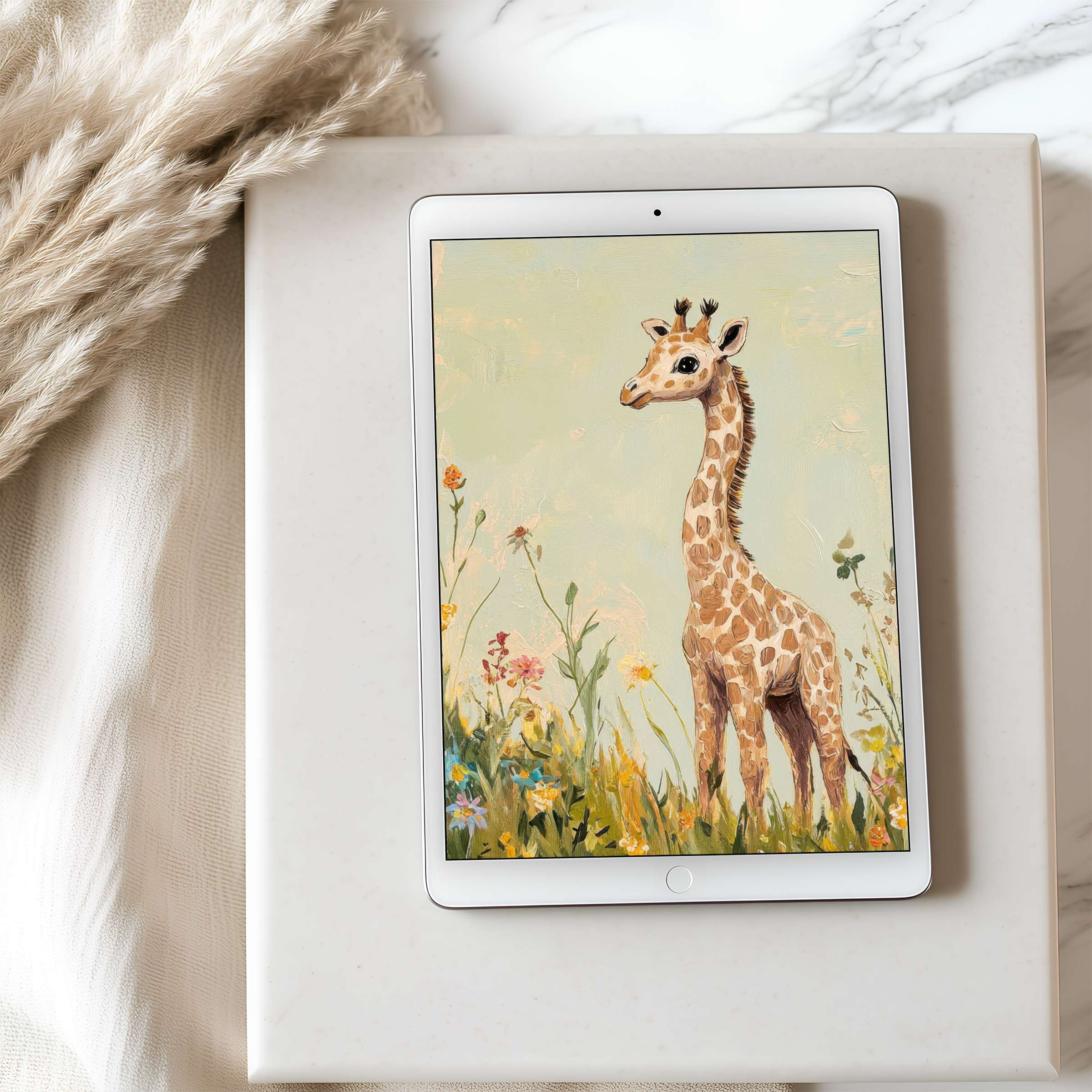 Elegant tablet wallpaper featuring a serene giraffe painting in soft pastels perfect for a curated, calming digital download for iPads