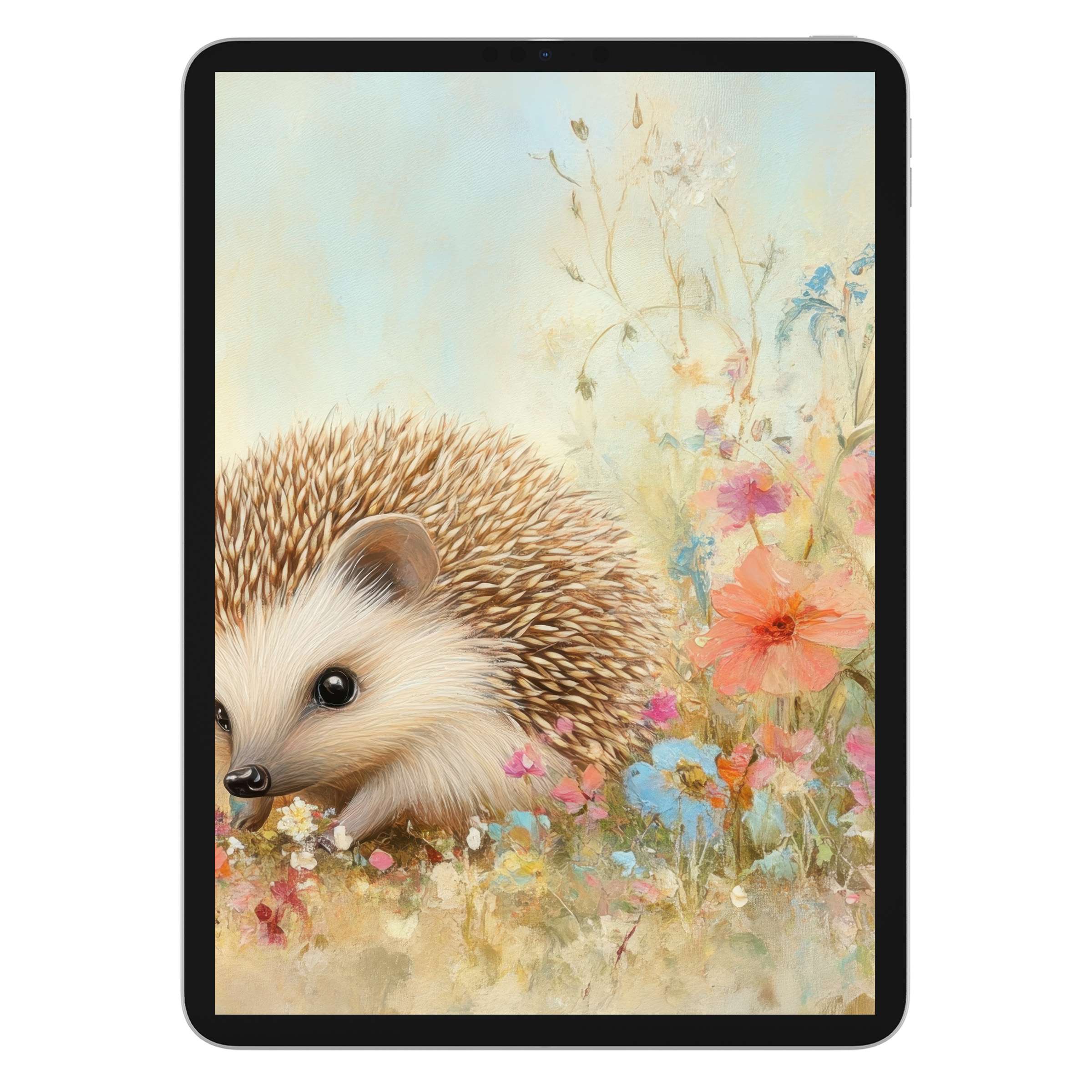 Charming hedgehog nestled in watercolor flowers creates a serene nursery iPad wallpaper background, ideal digital download for tablets