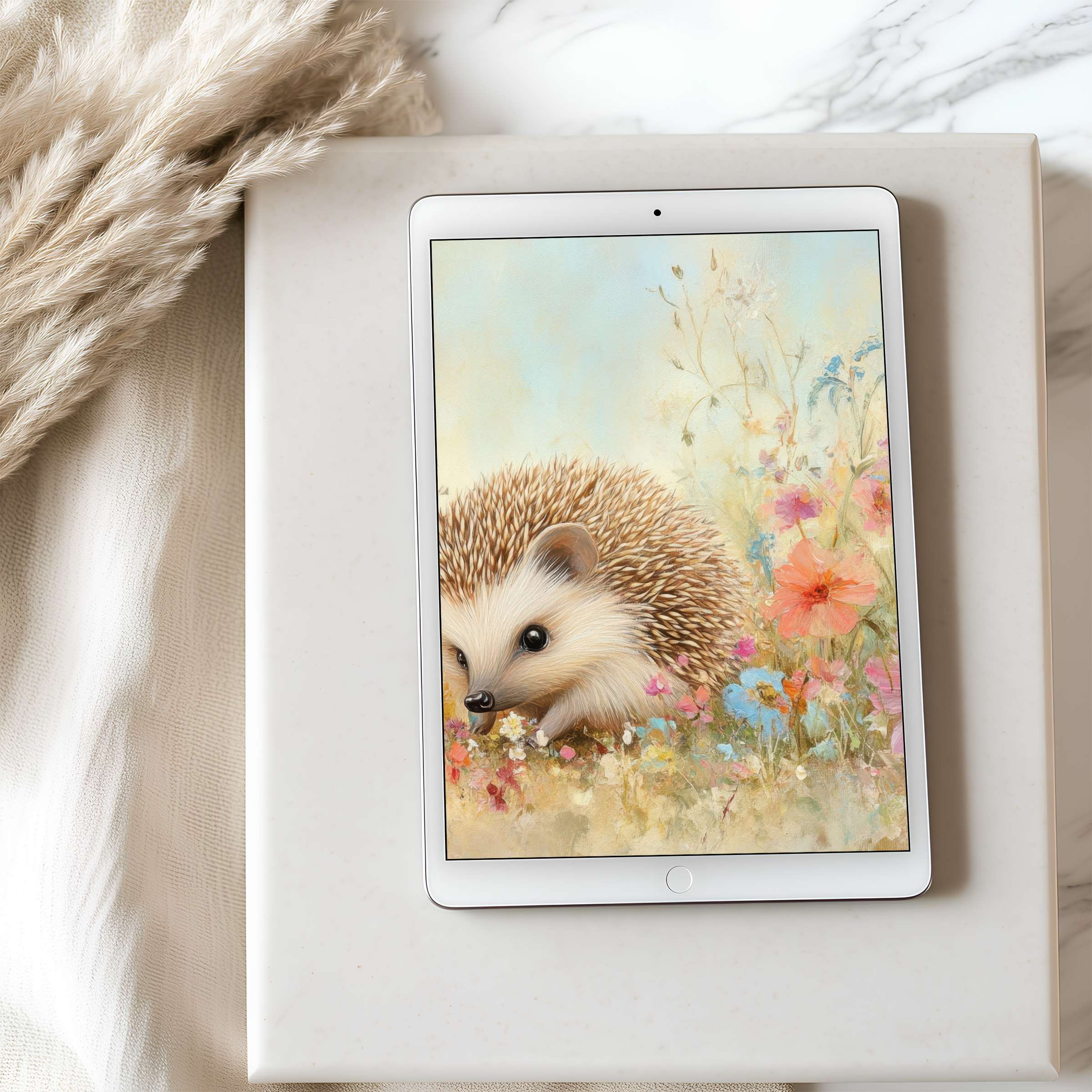 Elegant tablet wallpaper featuring a serene hedgehog in vibrant floral watercolor, ideal for iPad and Android tablets, digital download