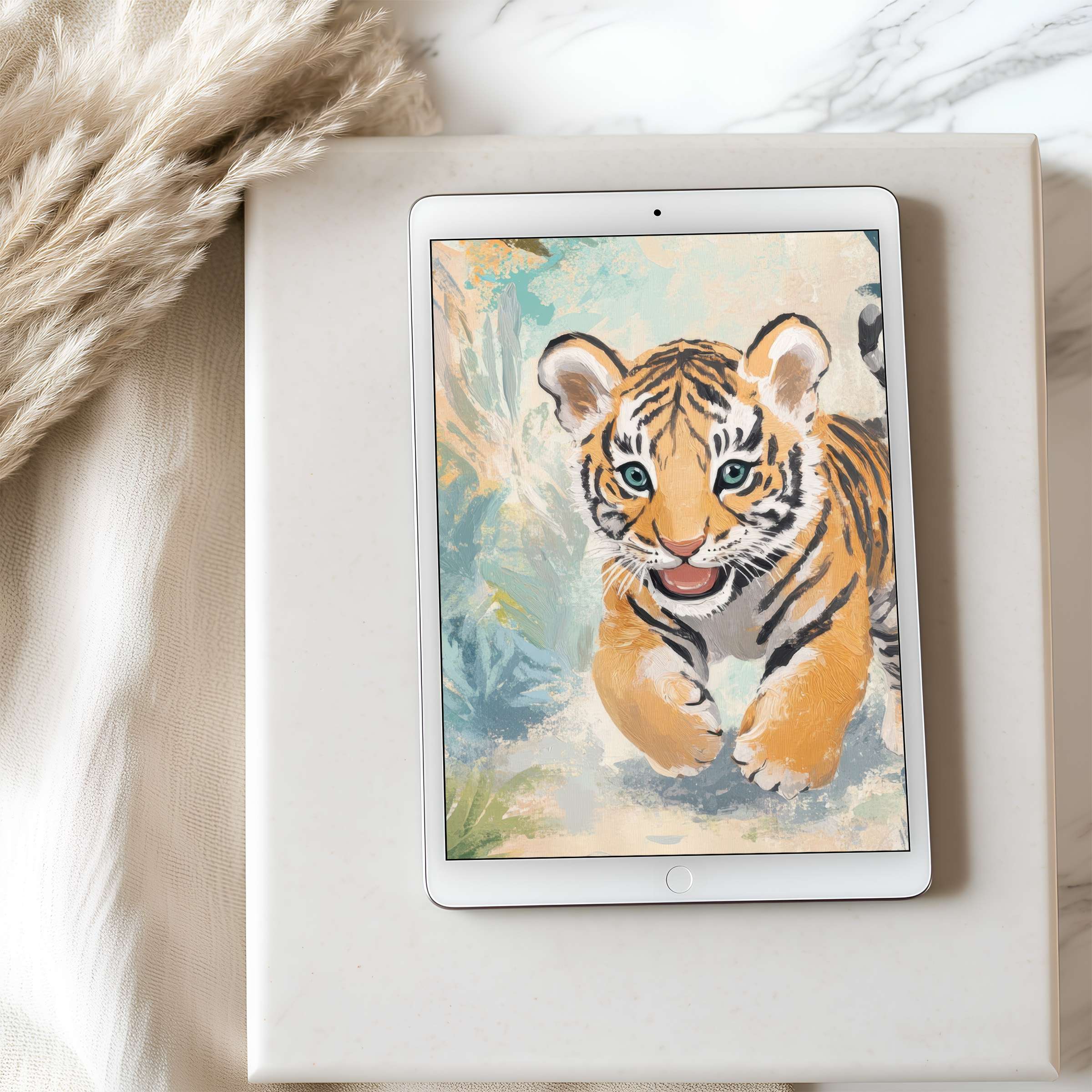 Tiger cub digital art dazzles in vibrant hues, perfect as a high-resolution tablet wallpaper for serene, eco-friendly downloads