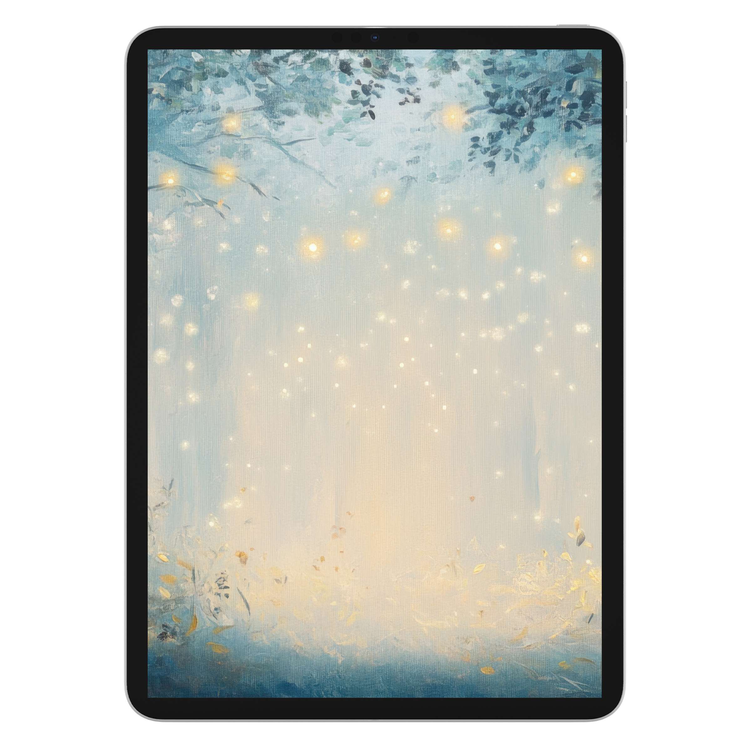 Ethereal nursery iPad wallpaper with soft blue hues and glowing lights offers a serene digital download for tablet backgrounds