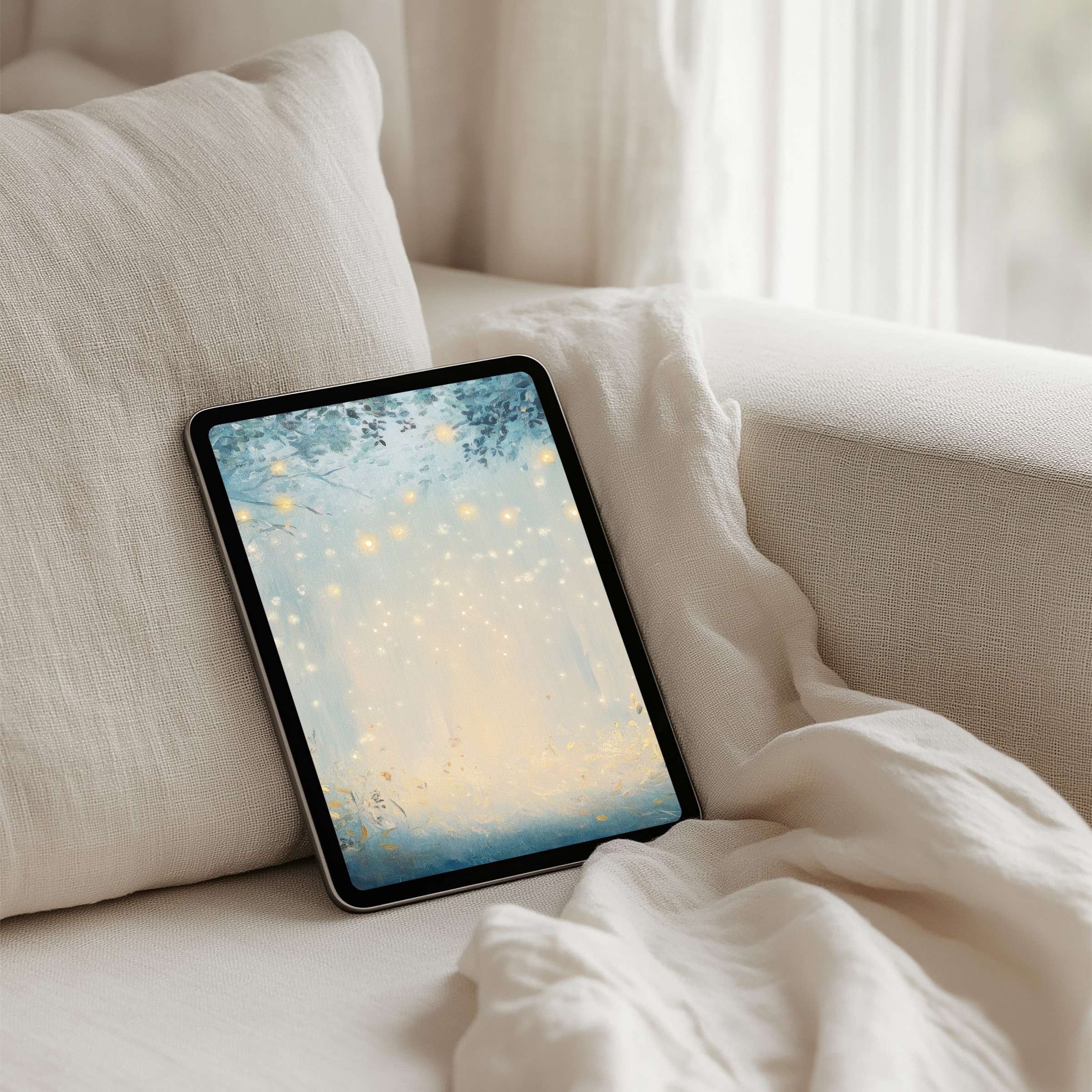 Elegant iPad background with dreamy forest lights creating calm ambiance perfect for your tablet instant download for mindful moments