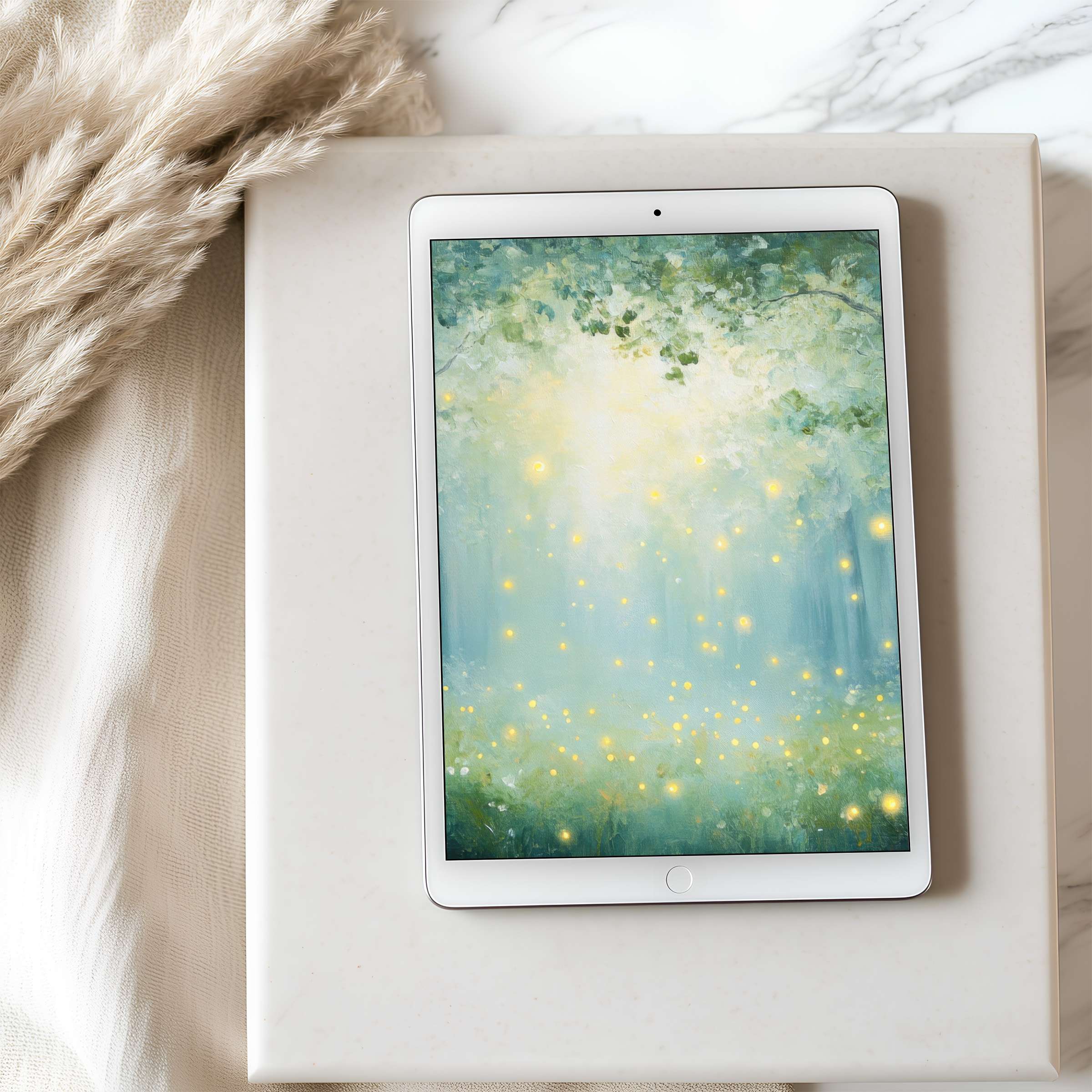 Elegant forest dreamscape tablet wallpaper with twinkling lights, perfect for high resolution iPad and Android digital download