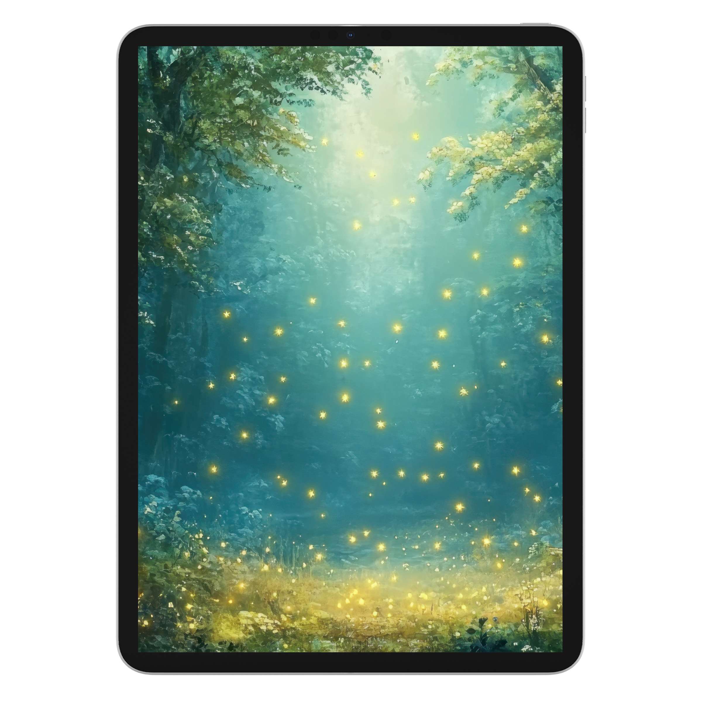 Enchanting nursery iPad wallpaper showcasing a serene forest with glowing lights, ideal digital download background for tablets, sustainable design