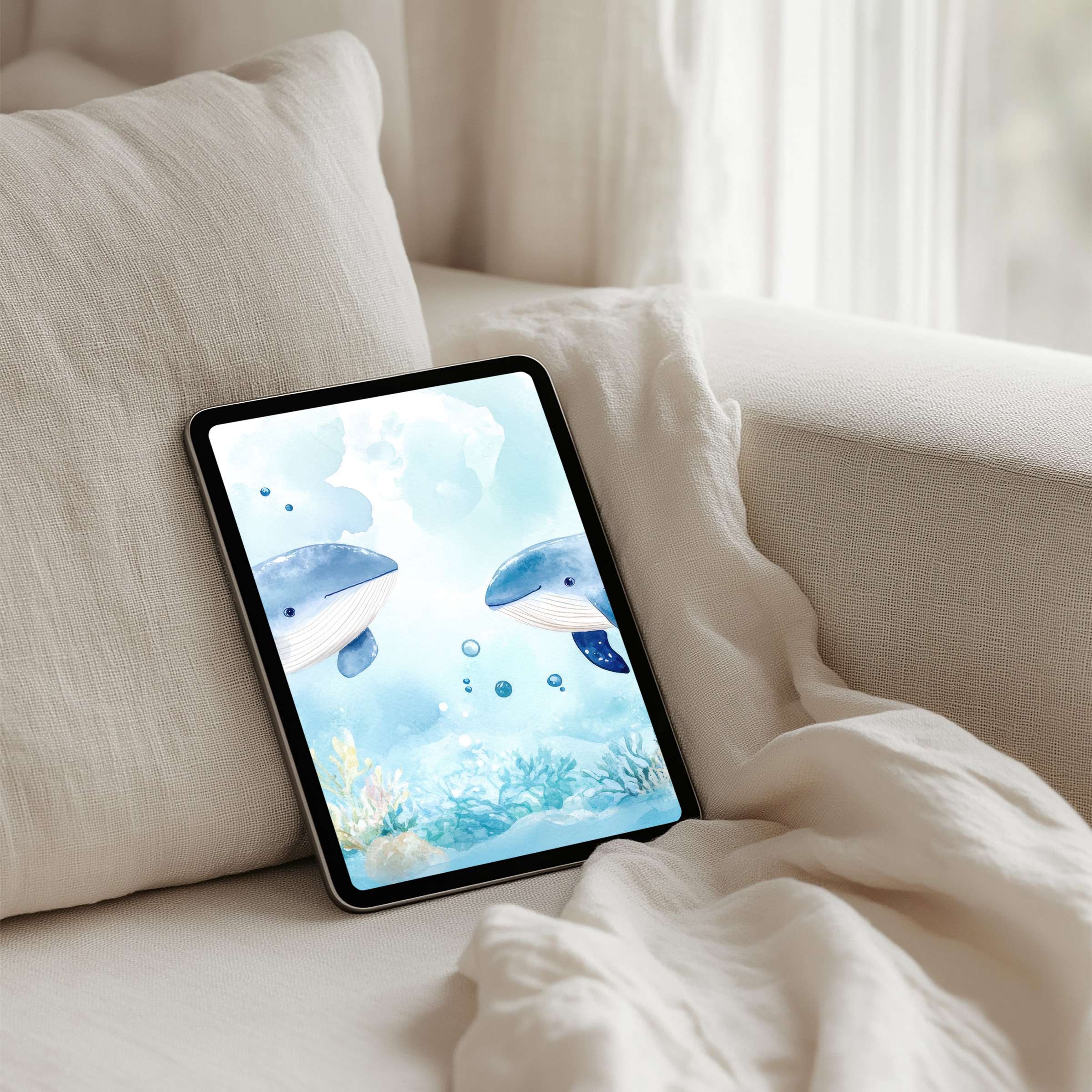 Serene ocean blue watercolor whales elegantly swim on an iPad background perfect for tablet use with instant download benefit