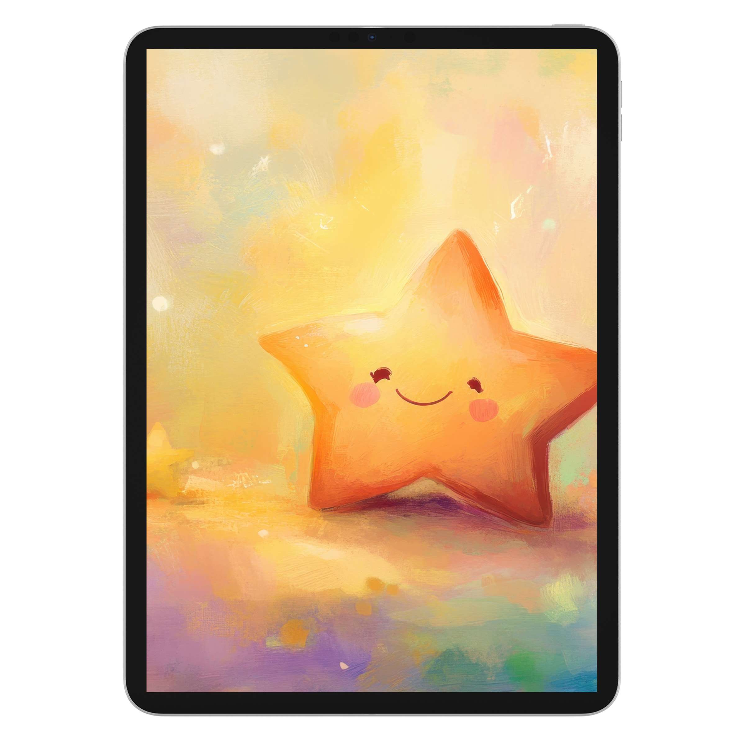 Warm and whimsical nursery iPad wallpaper featuring a smiling star on a pastel background perfect for digital download tablet art