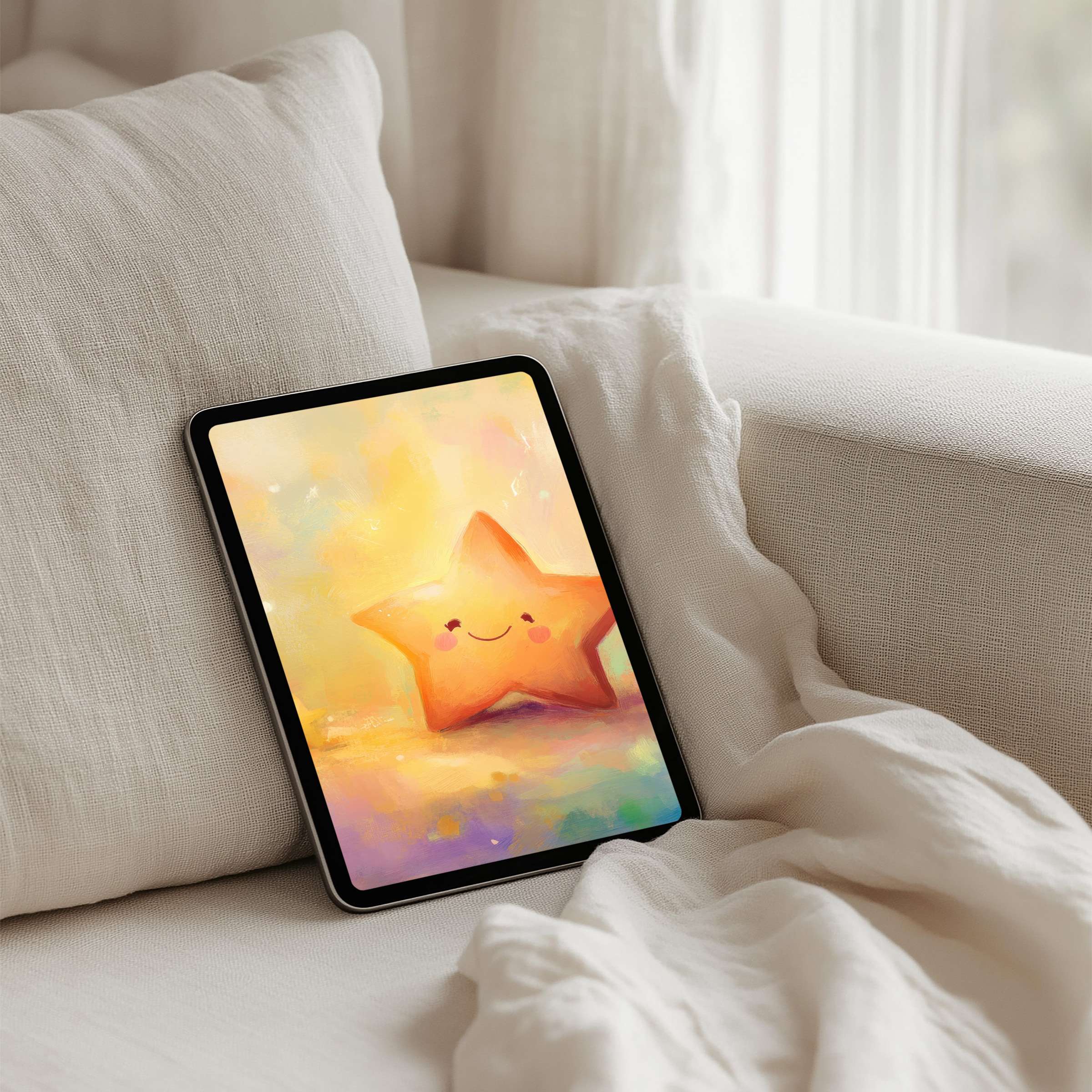 Warm and serene iPad background featuring a smiling star, perfect instant download for tablet users seeking elegance and calm