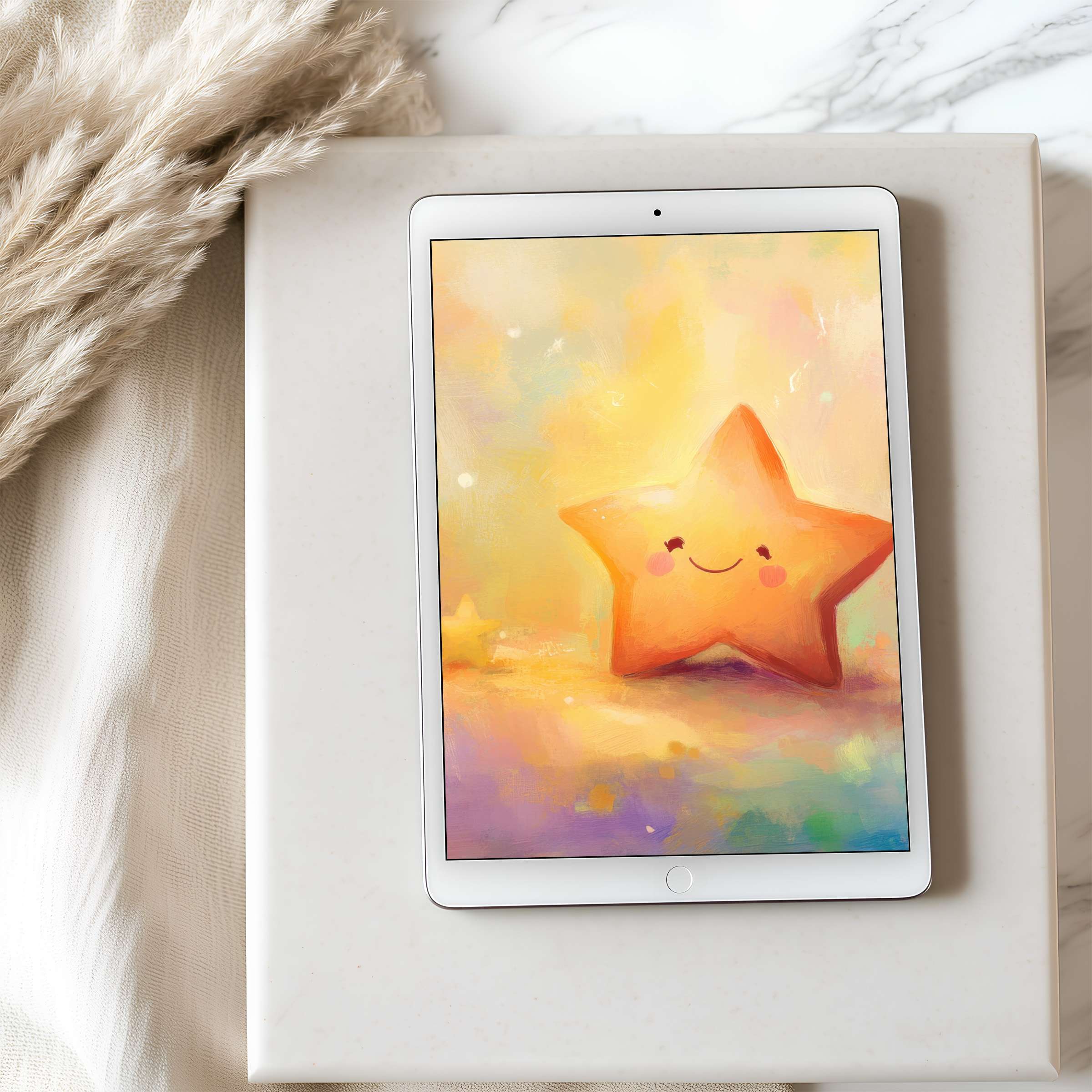 Cheerful star tablet wallpaper in soft pastels creates a serene ambiance, perfect for iPad or Android, enhancing digital harmony