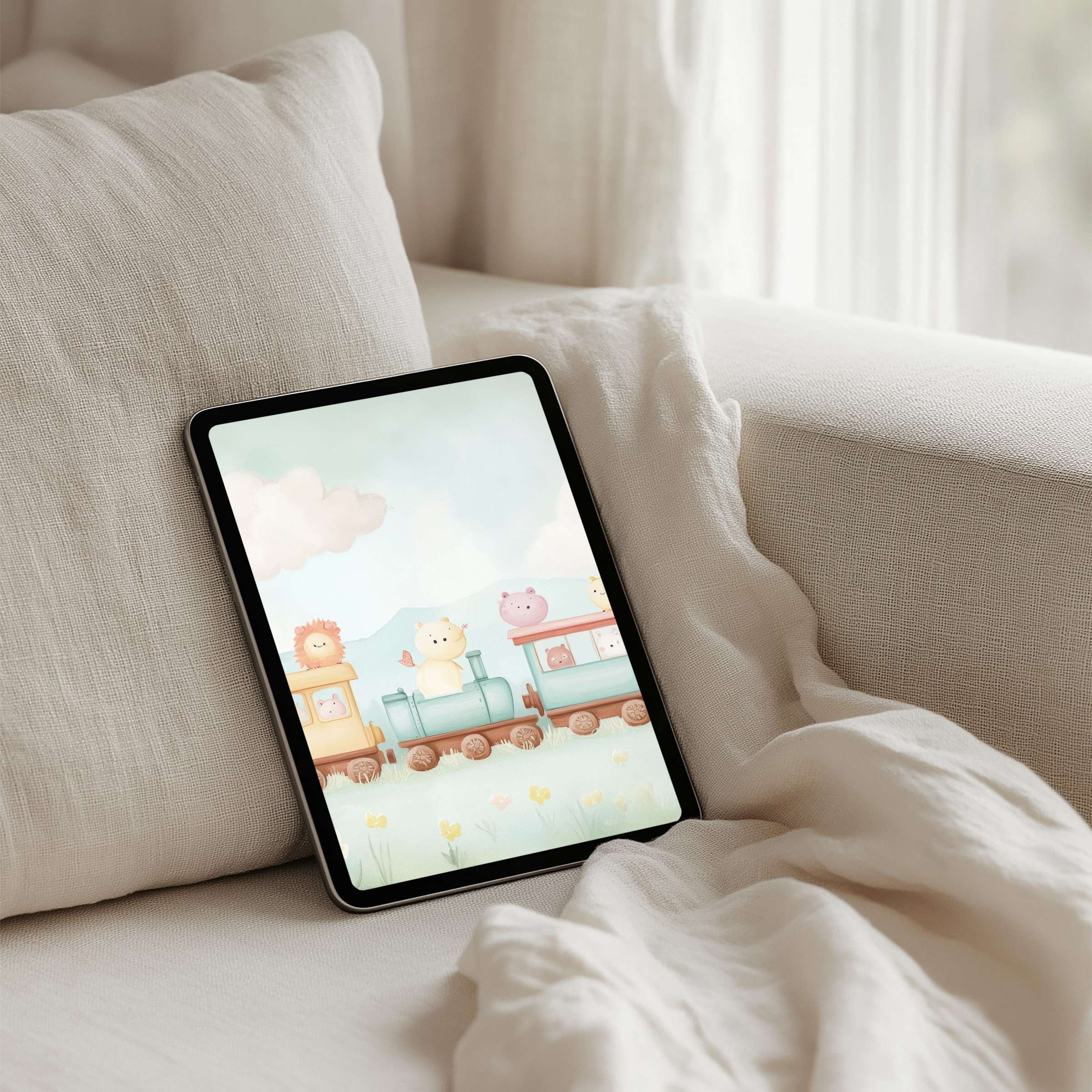 Elegant pastel animal train scene iPad background offers instant download for tablet users seeking calm and mindful inspiration