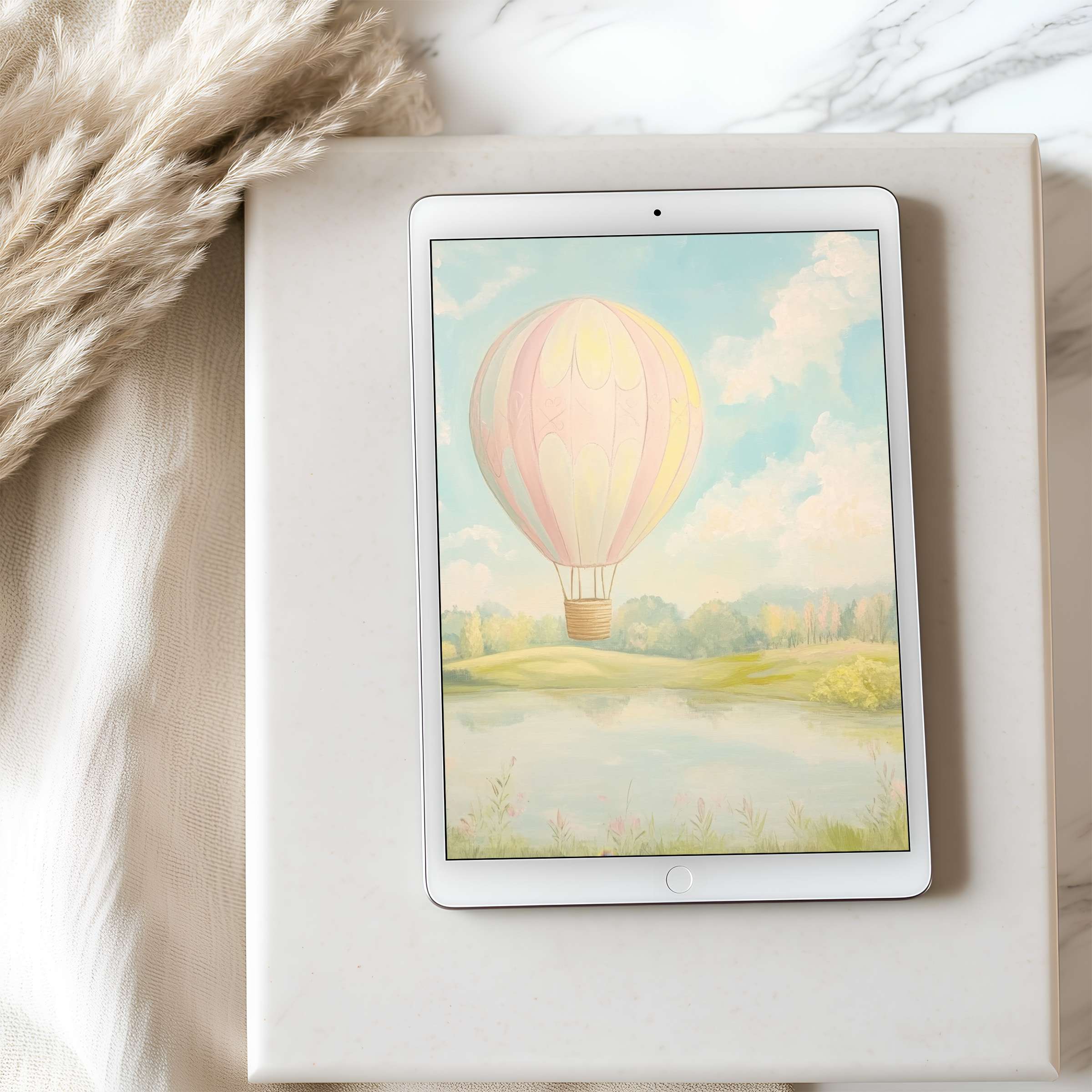 Dreamy pastel hot air balloon tablet wallpaper, perfect for iPad or Android tablets, brings a serene touch to any curated space