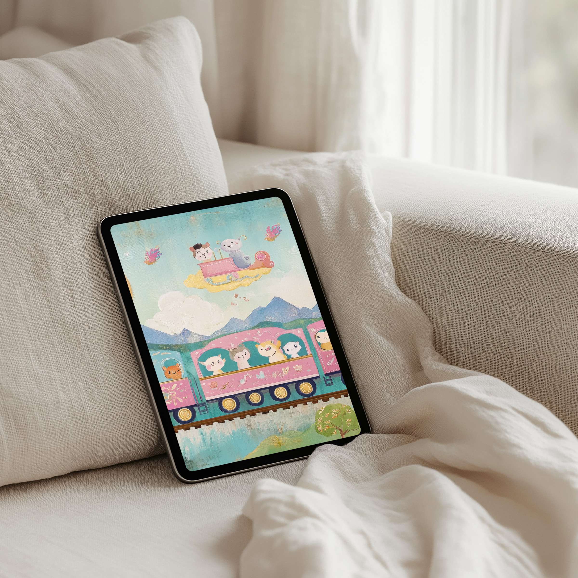 Charming pastel iPad background for a serene tablet experience, featuring whimsical nature art for instant download and tranquility