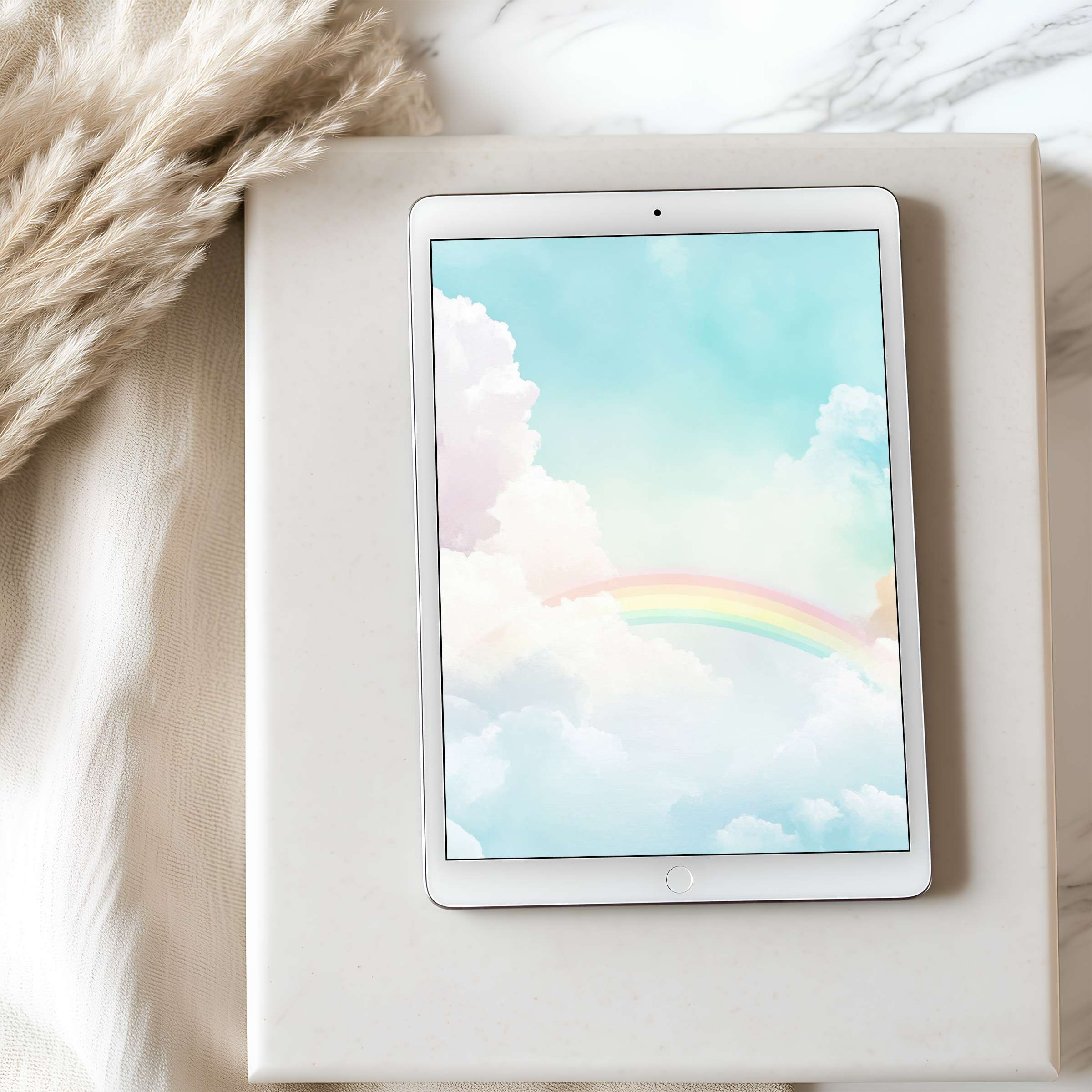 Elegant pastel cloudscape tablet wallpaper with a soothing rainbow design, perfect for high-resolution iPad display, instant download