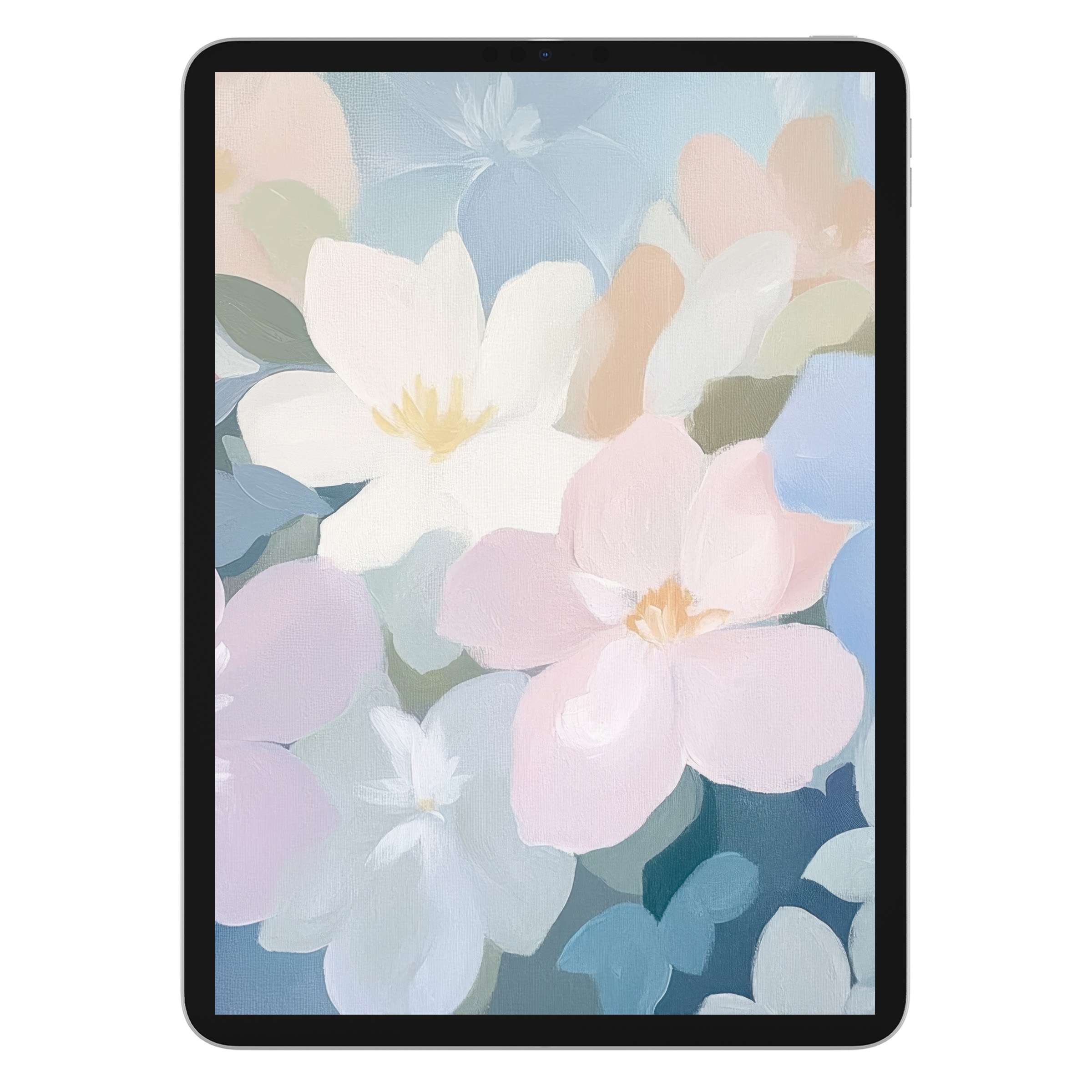 Soft floral nursery iPad wallpaper digital download offers serene pastel blossoms, ideal tablet background for Android too