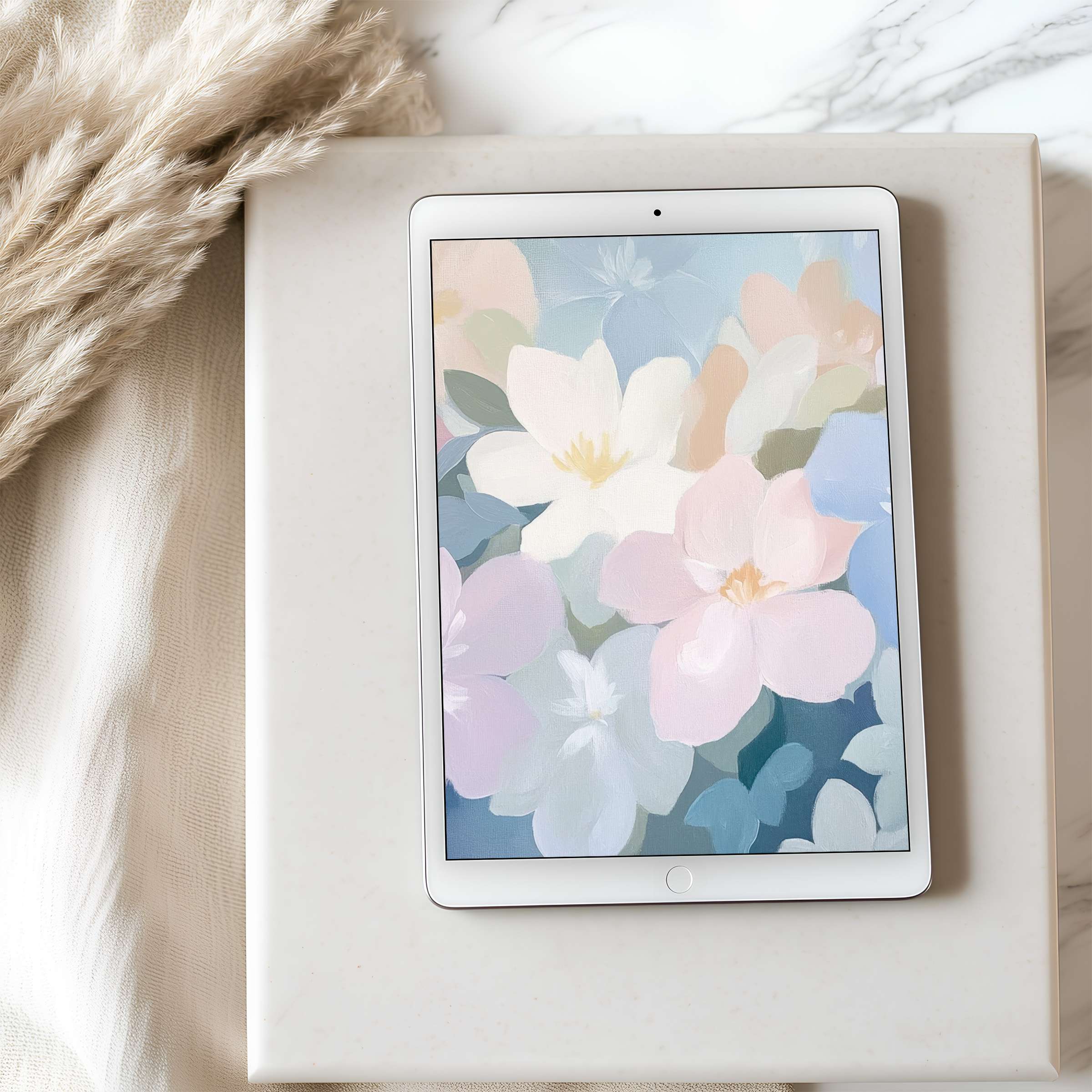 Elegant floral tablet wallpaper with pastel hues on iPad, perfect for digital download and enhancing calm, curated interiors