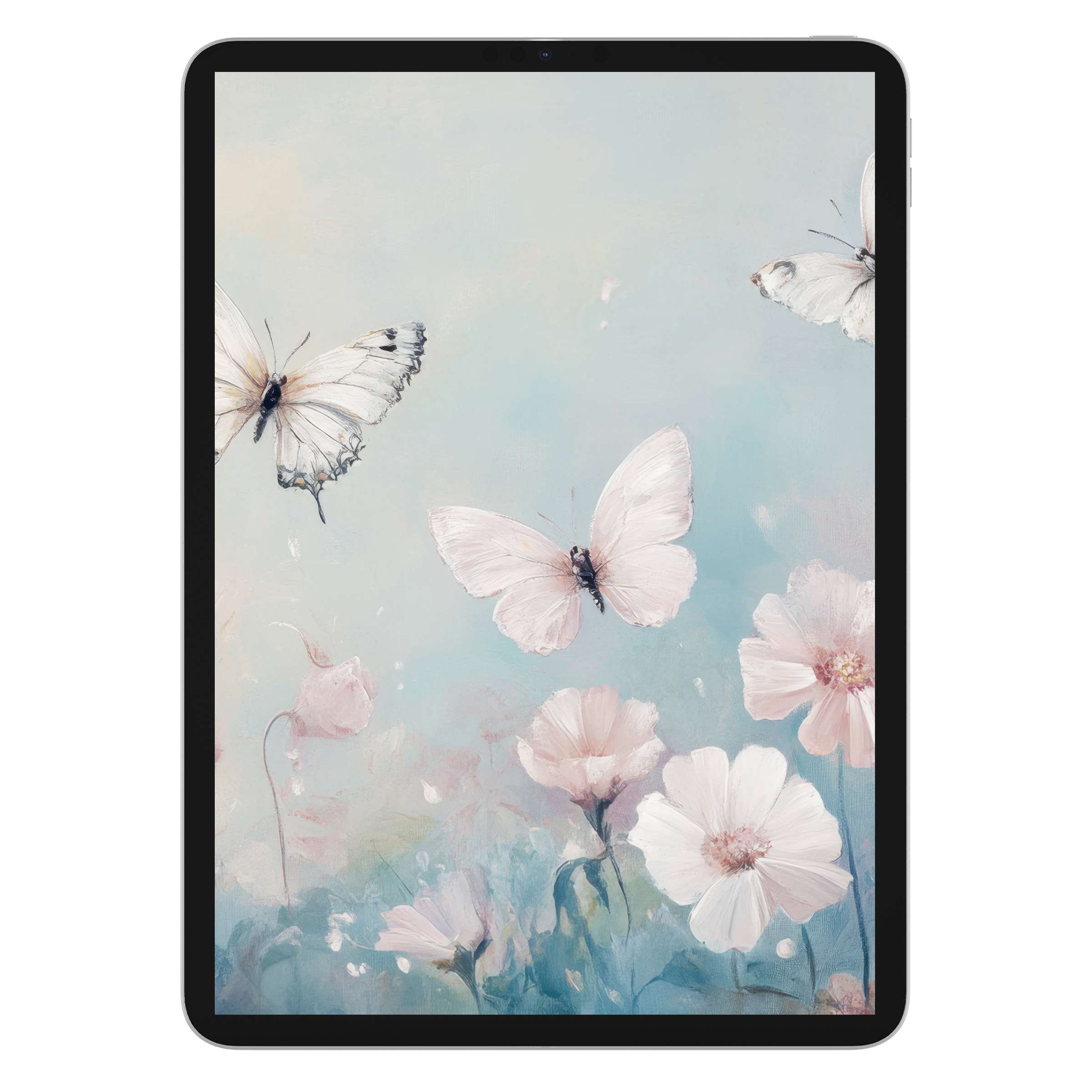 Elegant nursery iPad wallpaper featuring soft pastel butterflies and flowers, perfect digital download for tranquil tablet background