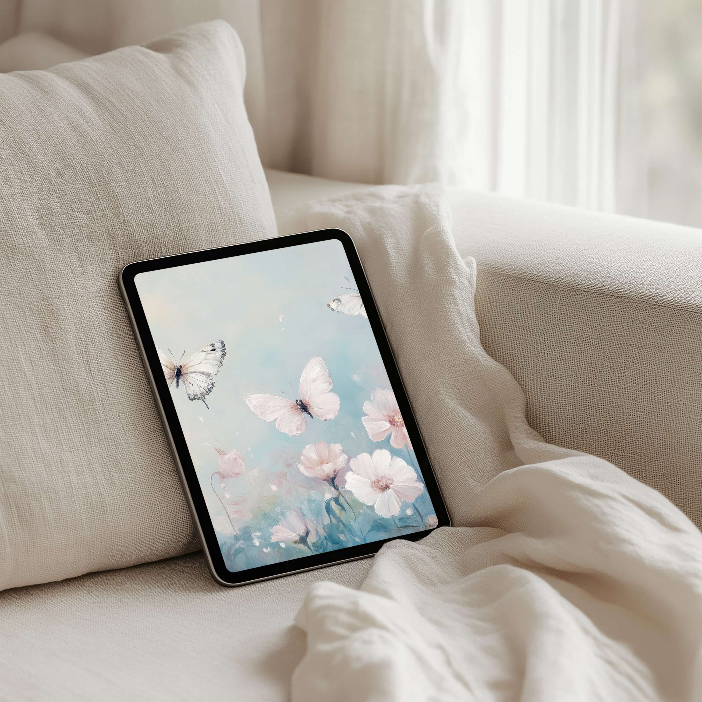 Elegant pastel butterflies and flowers adorn this iPad background for instant download tablet use evoking calm and mindfulness