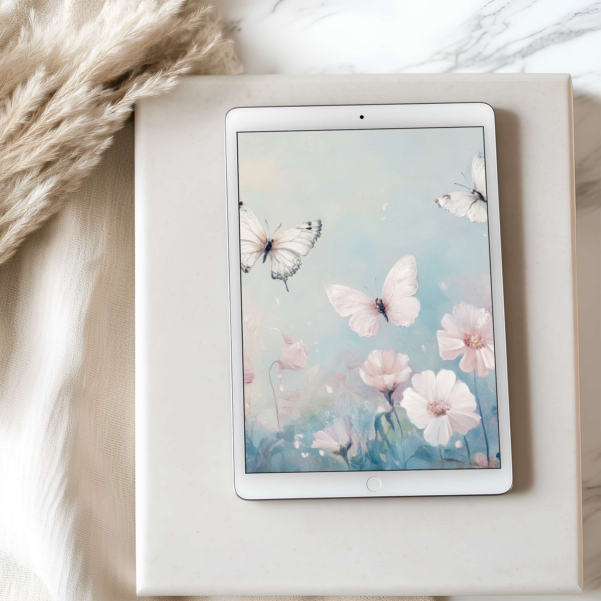 Elegant pastel butterfly motif on tablet wallpaper offers a serene digital download for iPad and Android tablets in high resolution