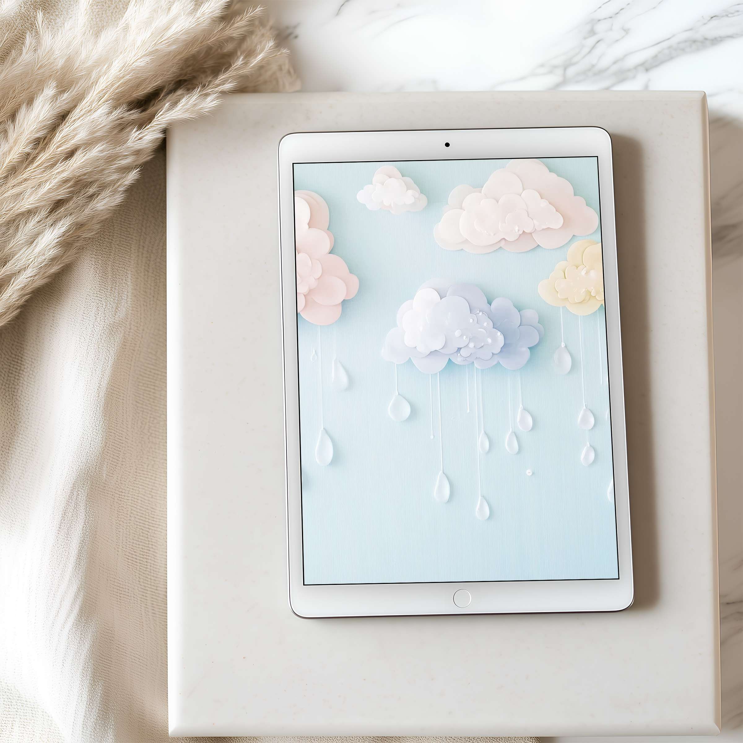 Elegant tablet wallpaper with pastel clouds and raindrops offers calming aesthetics for digital download on iPad and Android tablets