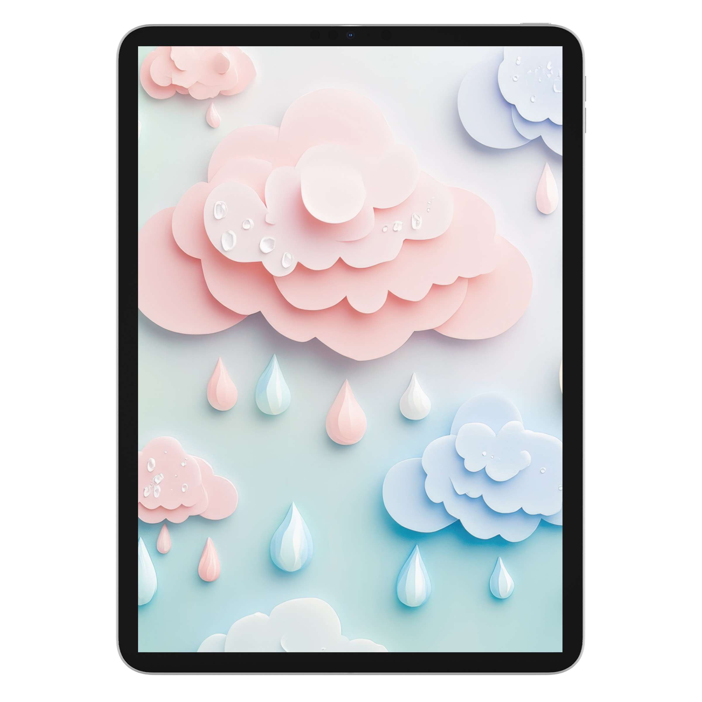 Soft pastel clouds with raindrops form a serene nursery iPad wallpaper digital download, perfect tablet background for tranquility