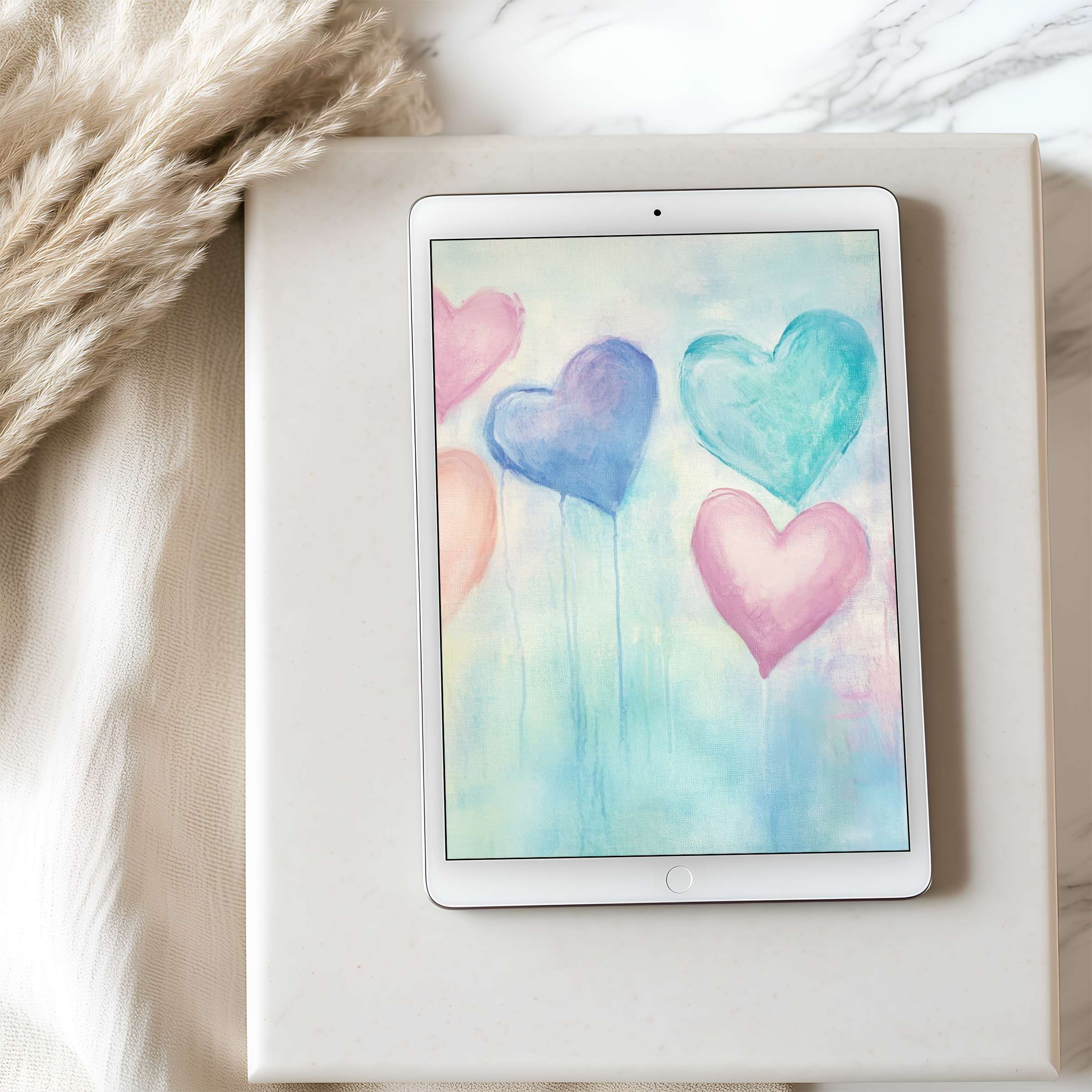 Soft pastel heart motifs create an inspiring tablet wallpaper, ideal for high resolution digital download on iPad and Android