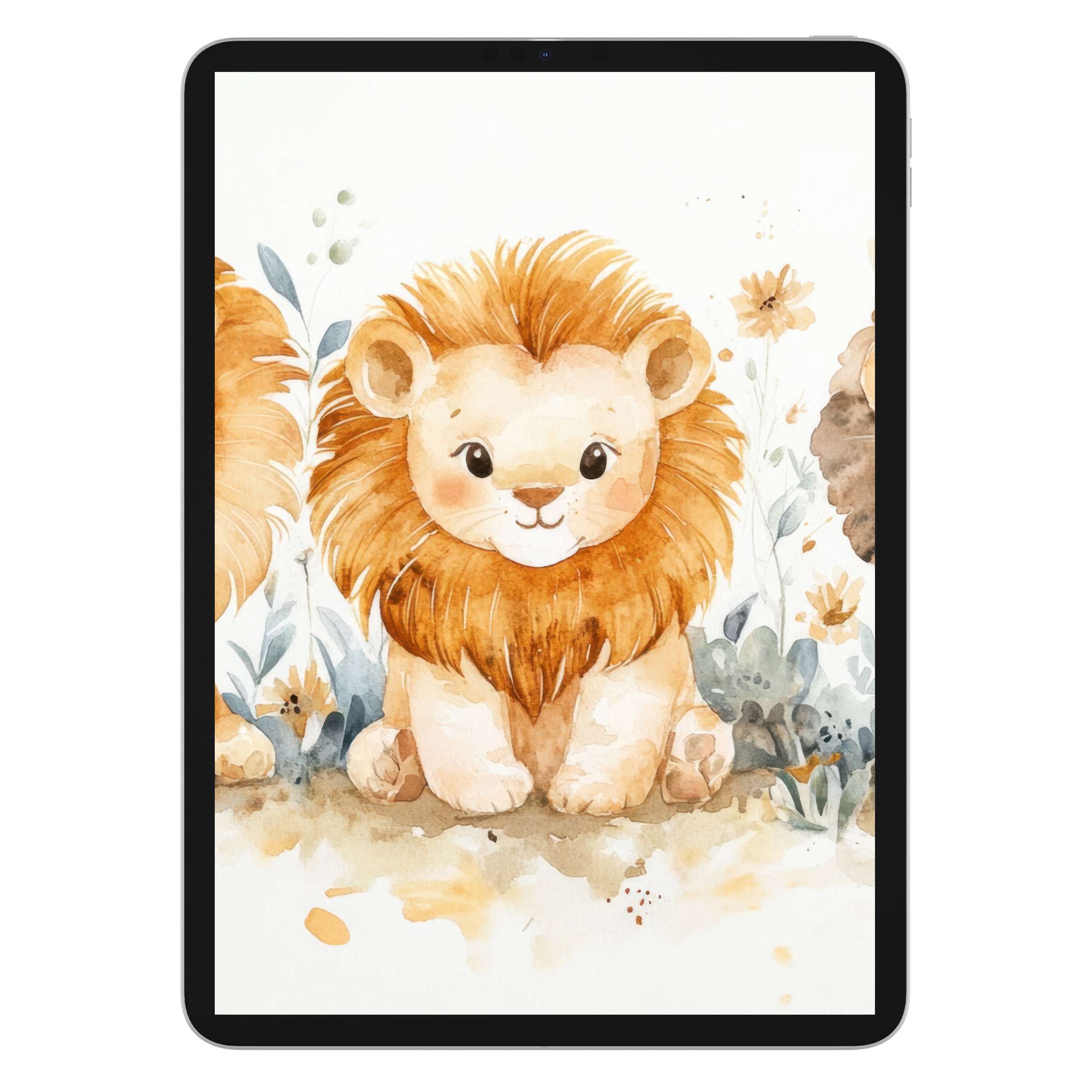 Charming watercolor lion nursery iPad wallpaper brings warmth and serenity, ideal digital download for elegant tablet background decor