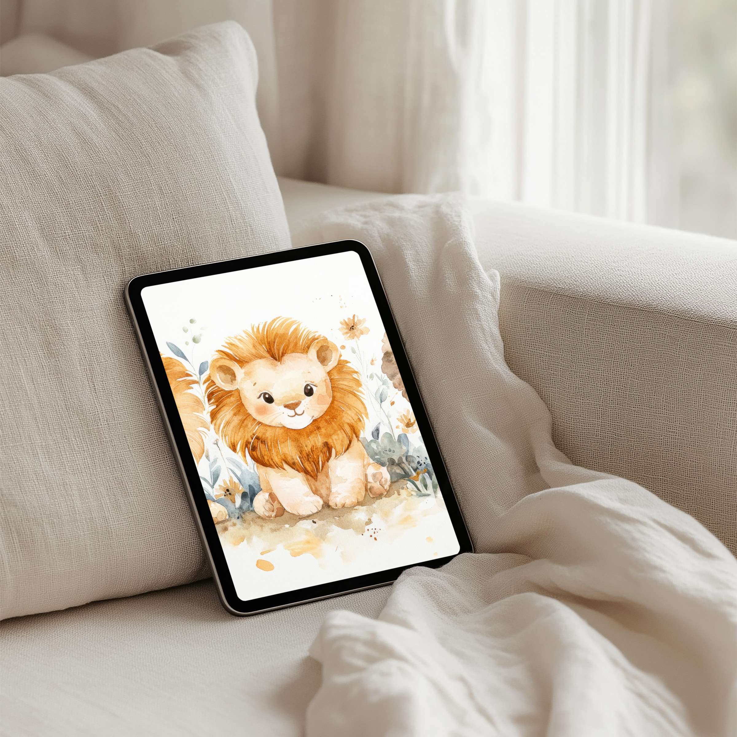 Calming watercolor lion artwork for iPad background elevates your tablet with mindfulness, elegance, instant download for inspiration