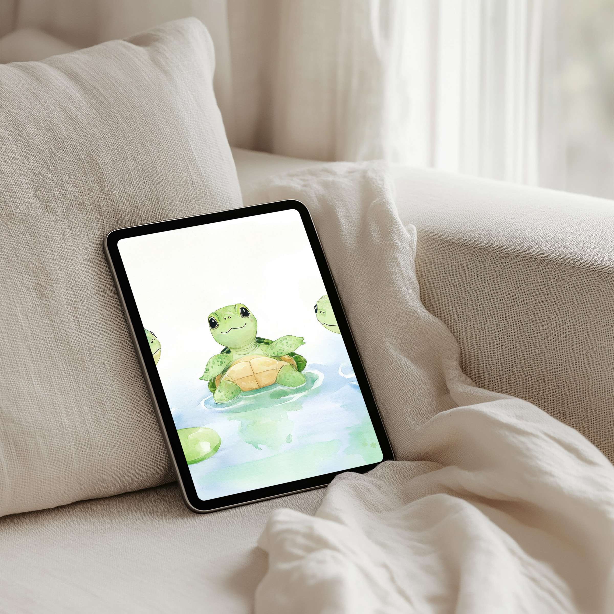 Watercolor turtles swimming create a serene iPad background perfect for tablets, offering calm elegance through instant download