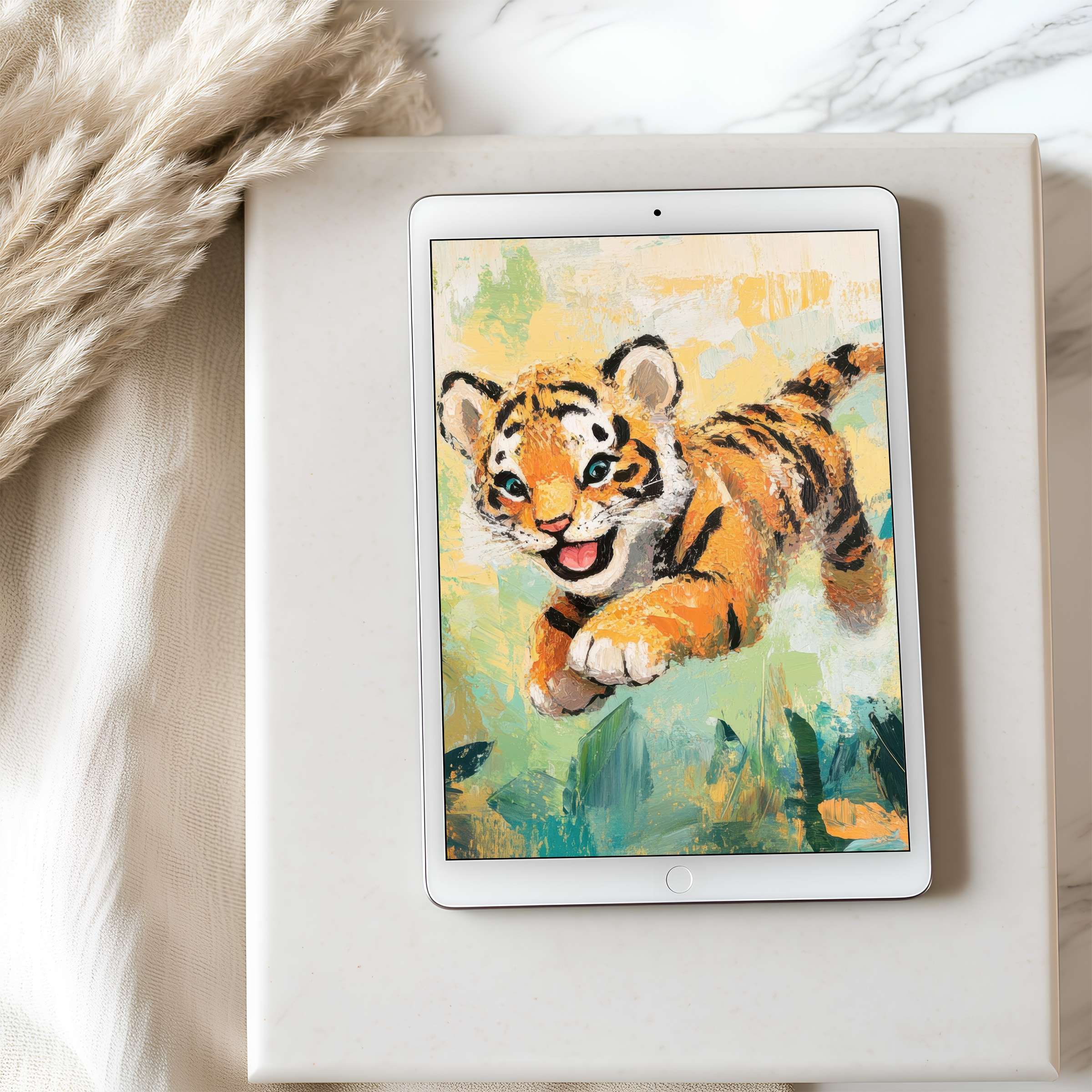 Vibrant tiger cub tablet wallpaper in high resolution adds joyful energy to your iPad, enhancing serene interiors with elegance