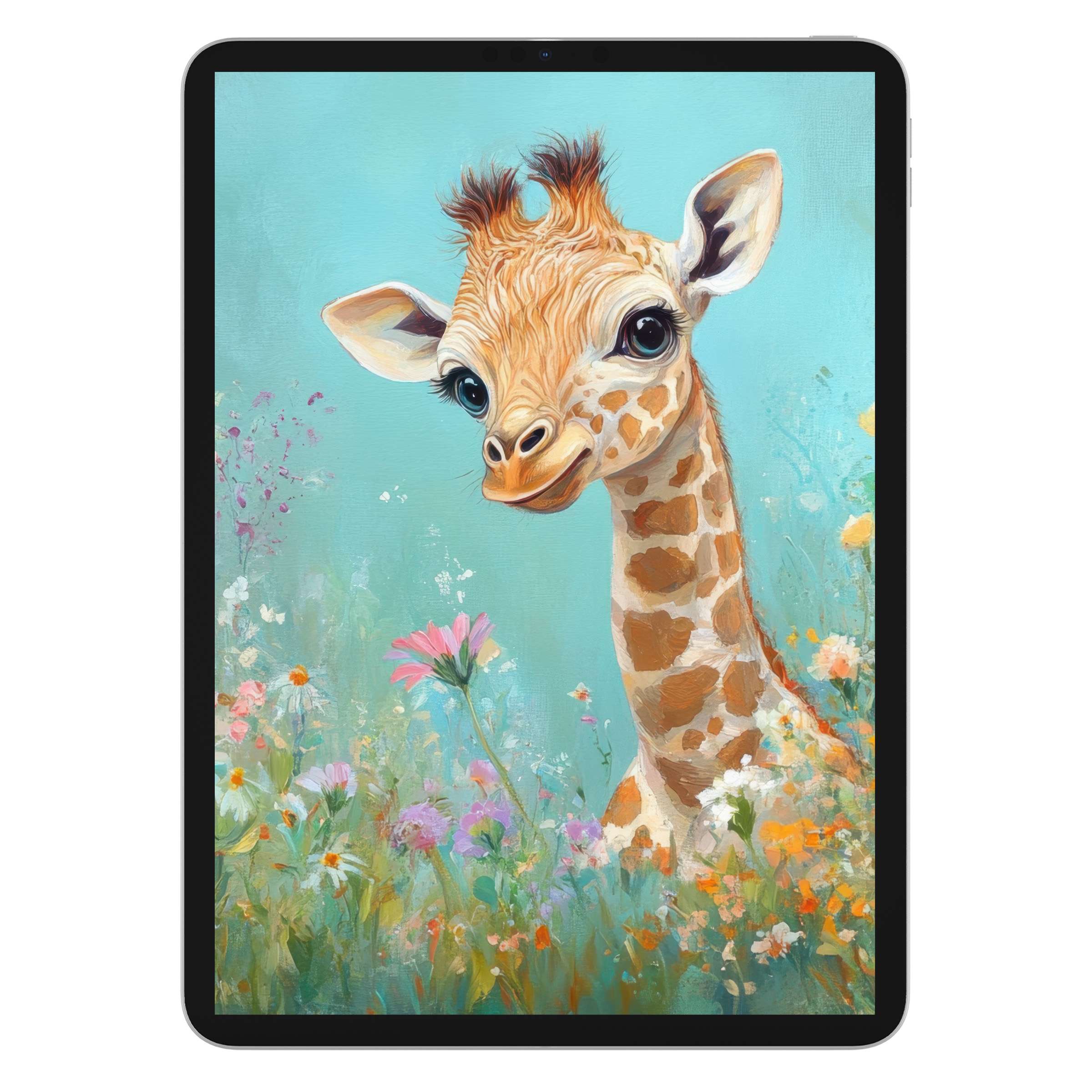Charming nursery iPad wallpaper featuring a playful giraffe in pastel florals offers a calming digital download background for any tablet