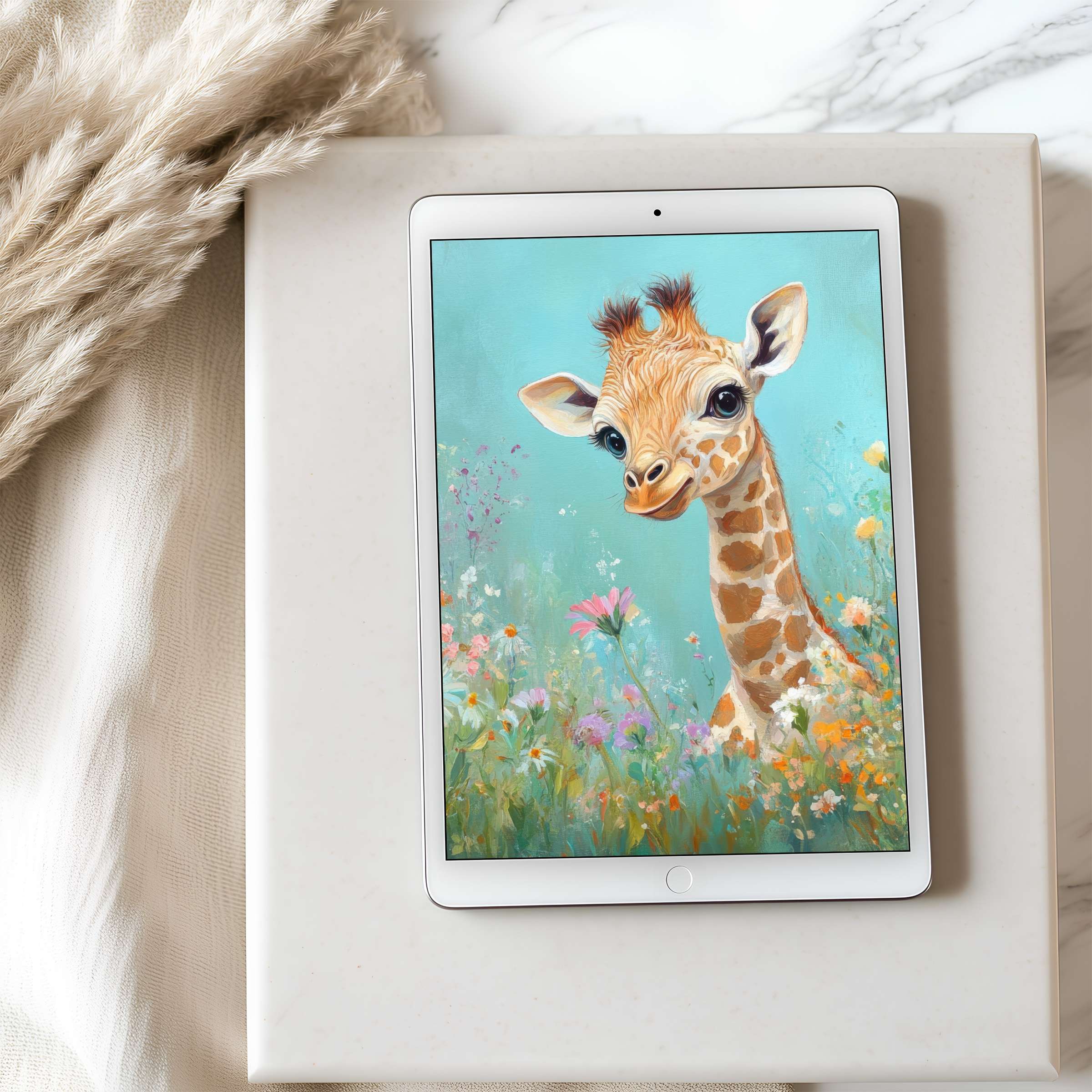Charming giraffe amidst wildflowers tablet wallpaper exudes tranquility; perfect high resolution for iPad and Android, a curated digital download
