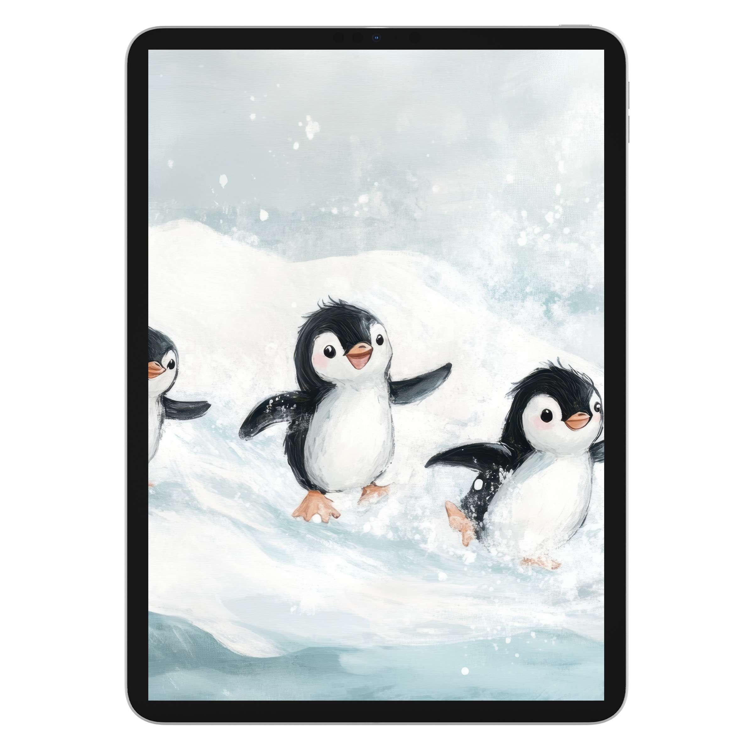 Charming nursery iPad wallpaper digital download featuring playful penguins on a snowy background ideal for any tablet device