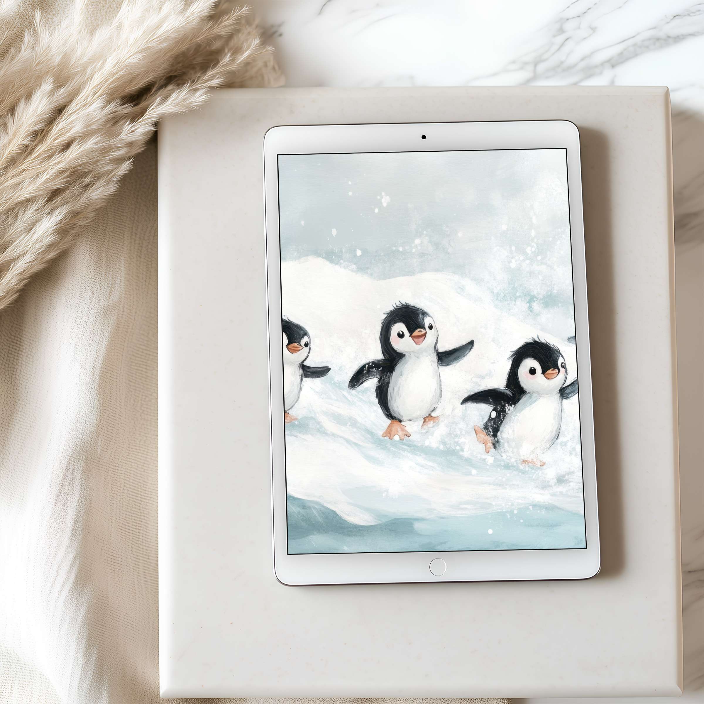 Charming penguin art as a high resolution tablet wallpaper brings a serene touch to your iPad or Android for digital download
