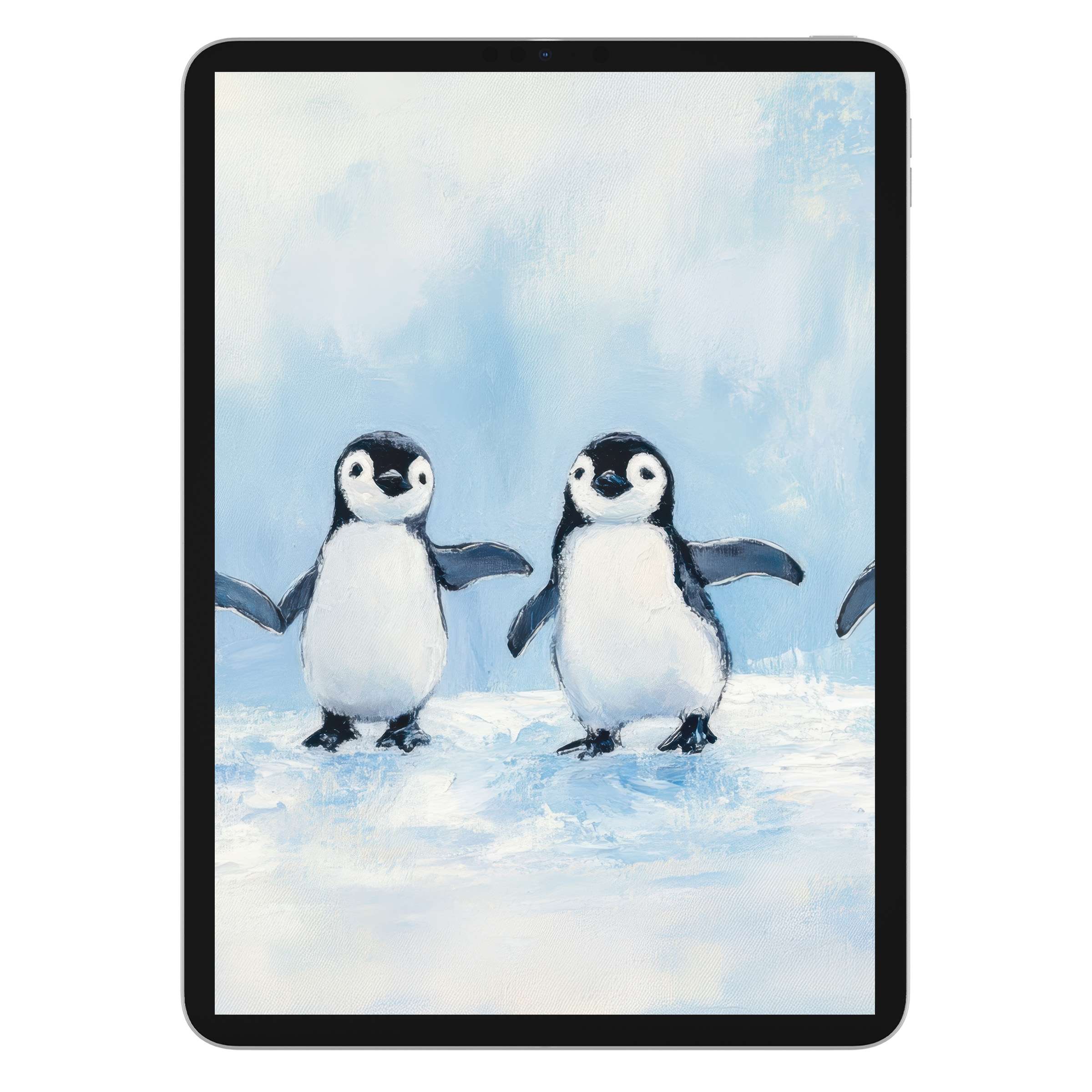 Charming penguins in a serene snowy scene make an elegant nursery iPad wallpaper, perfect as a calming digital download background for any tablet