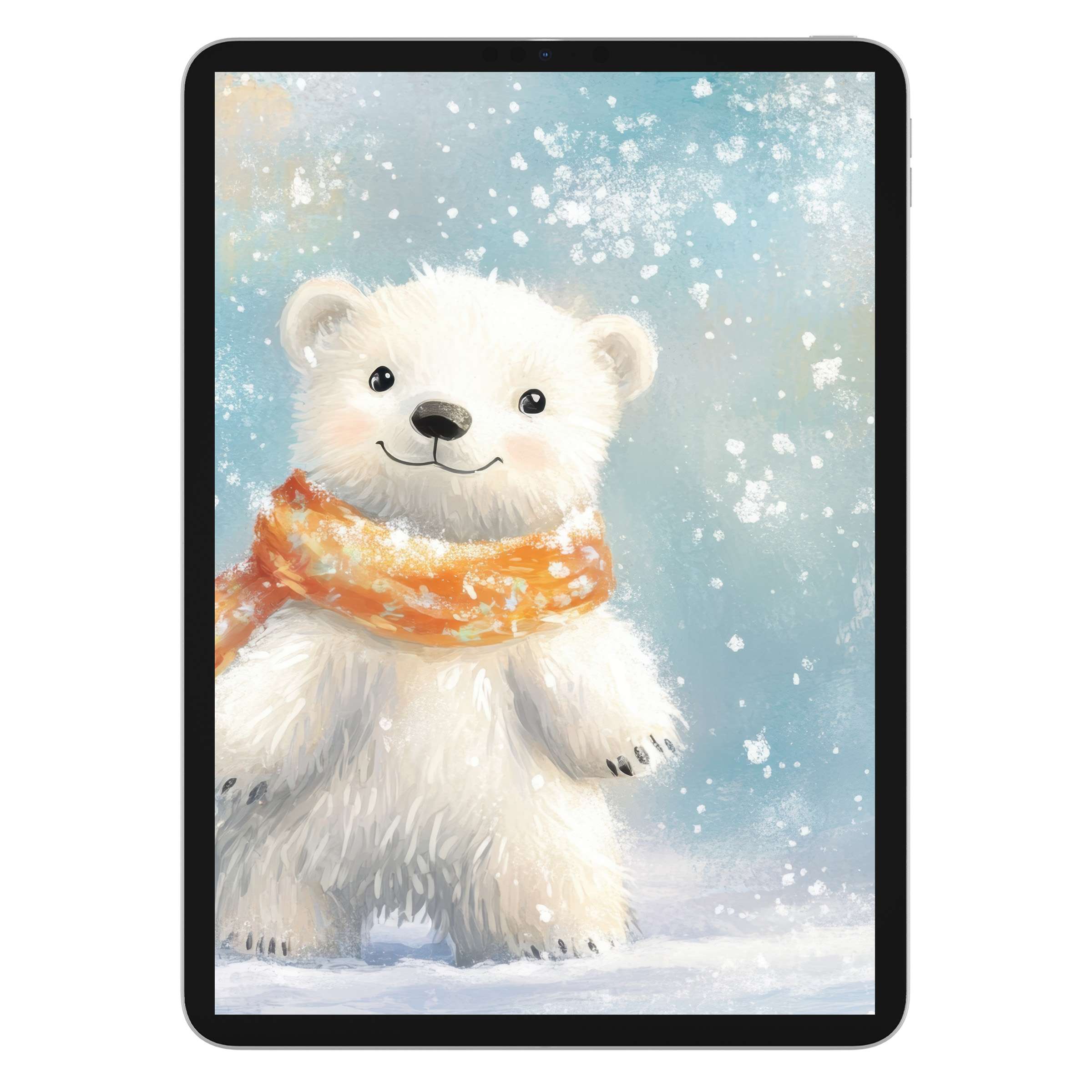 Charming nursery iPad wallpaper features a snow-covered bear in a scarf, perfect digital download background for tablets and serene decor
