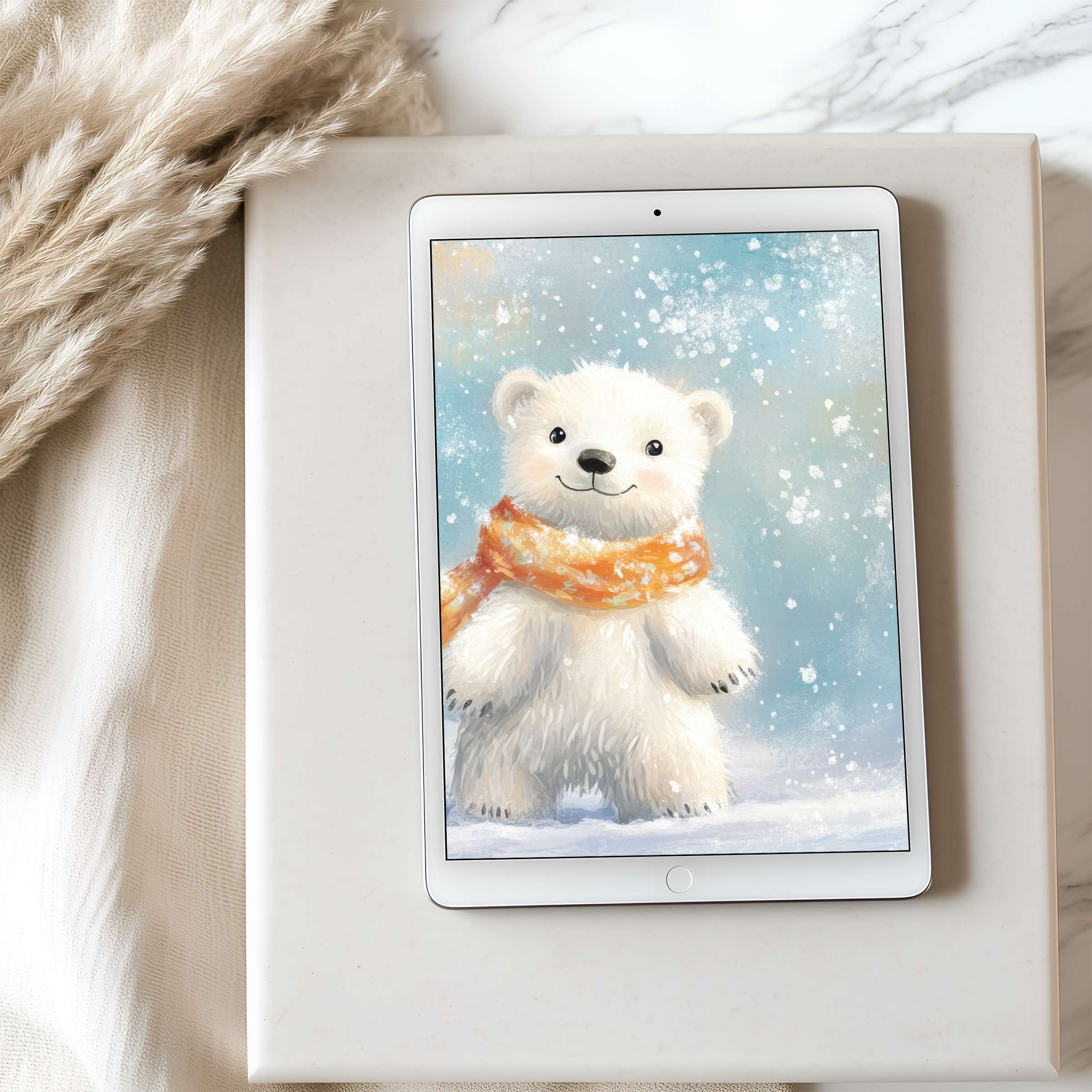 Charming polar bear with a cozy scarf on a high-resolution tablet wallpaper set against a soft, elegant fabric backdrop ideal for iPads
