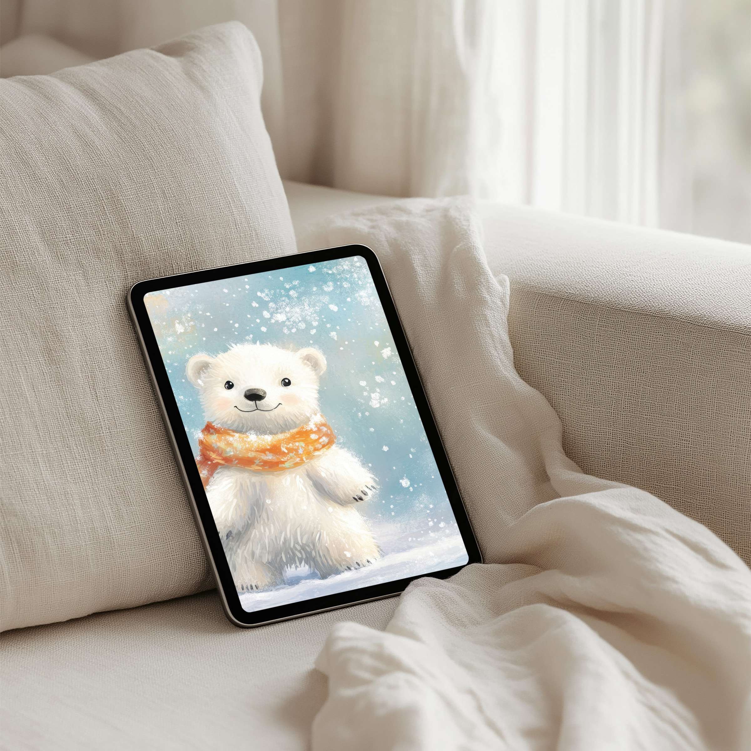 Cozy iPad background with a cute bear in snowy elegance offers instant download for tablet charm and mindfulness inspiration