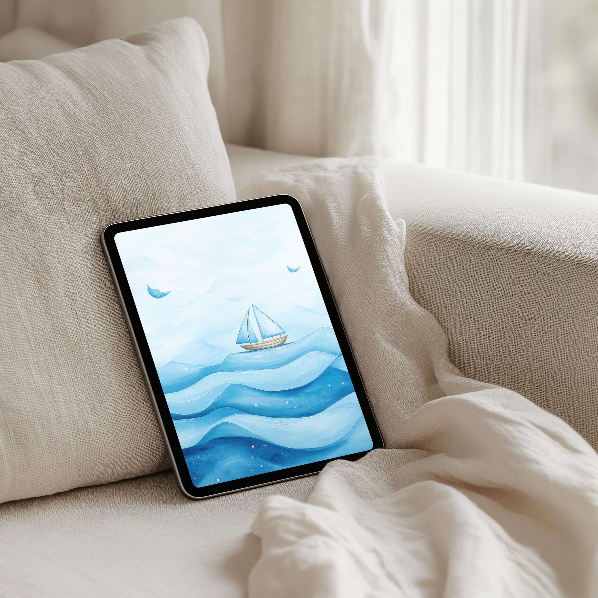 Calming sailboat on serene blue waves iPad background, perfect for an instant download on any tablet for mindful inspiration
