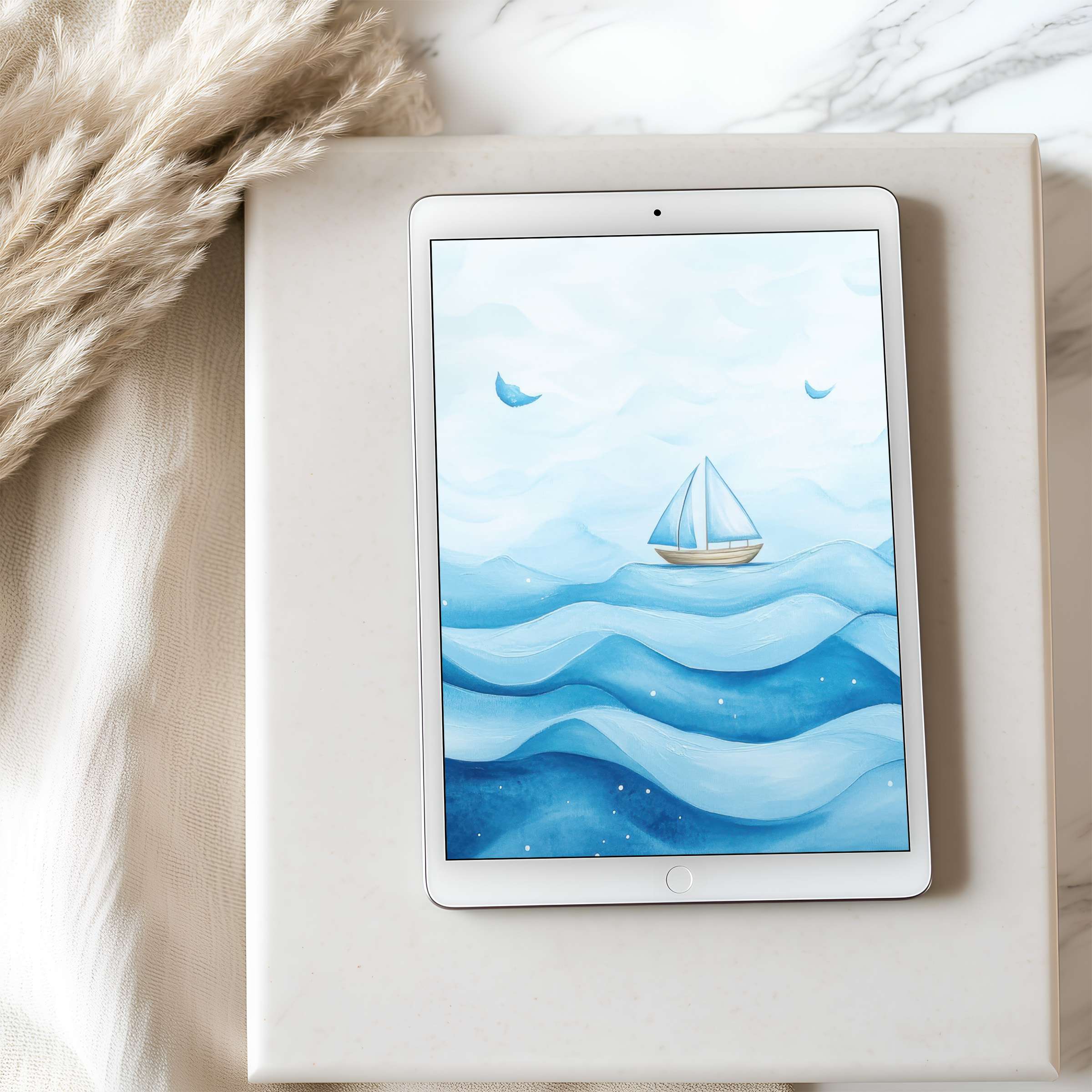 Elegant tablet wallpaper depicts a serene sailboat on abstract blue waves perfect for iPad high resolution download elegantly styled