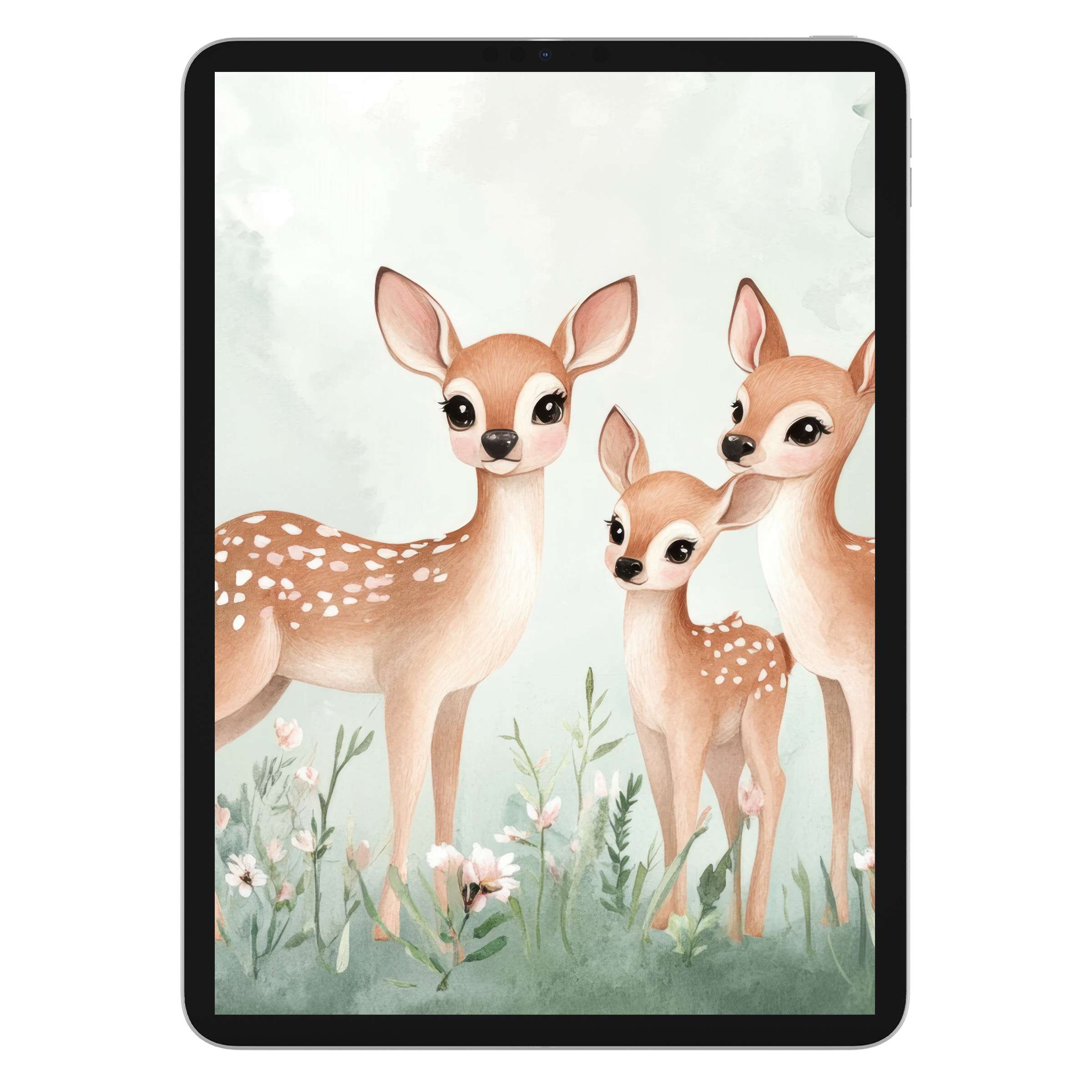 Charming watercolor deer on lush greenery create a soothing nursery iPad wallpaper background for digital download on tablets